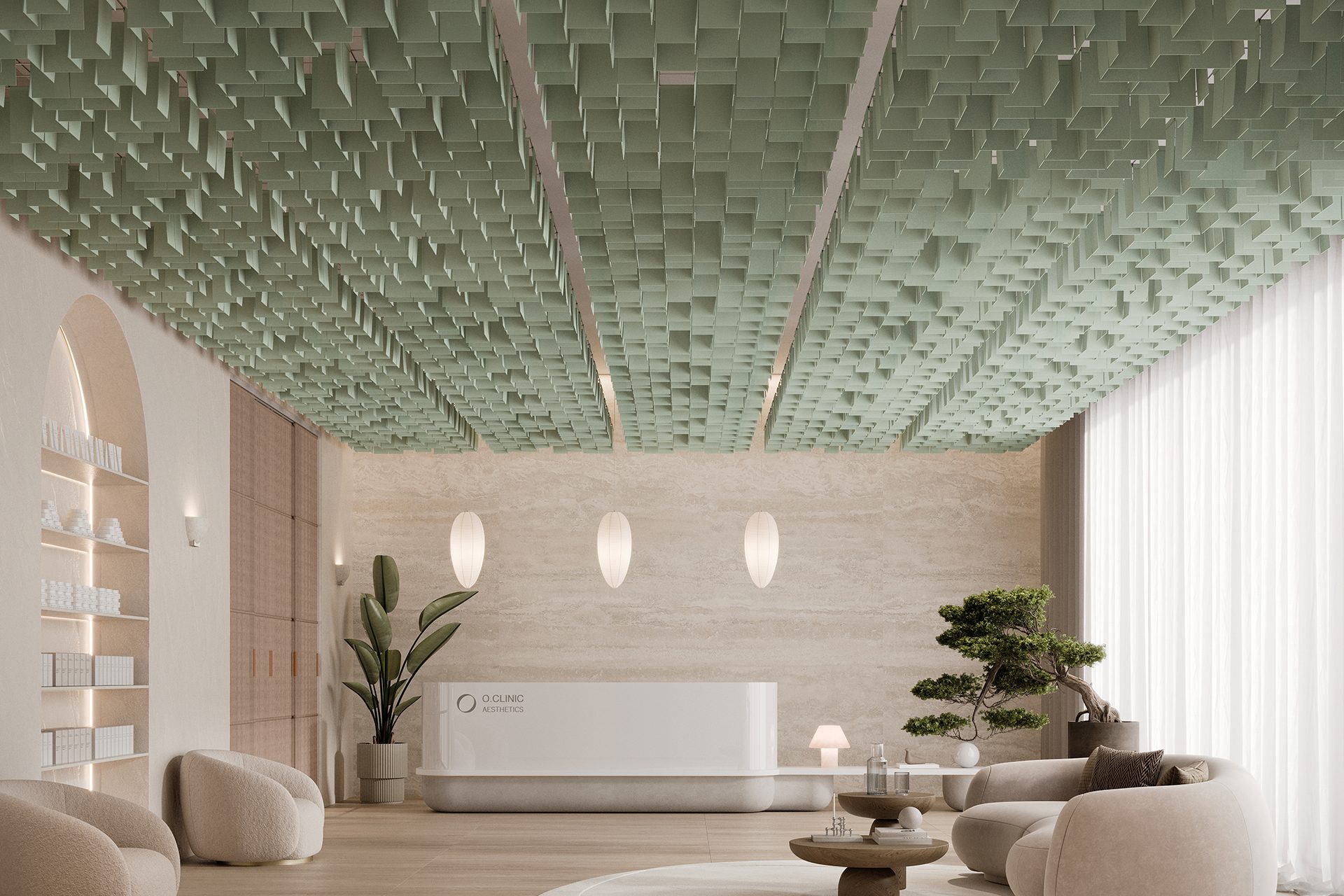 The modern interior features light green ceiling panels designed from acoustic felt, with beige walls and large windows. A minimalist reception desk sits among round chairs, a low table, potted plants, and decorative shelves. Soft lighting highlights the serene atmosphere with floating ceiling clouds.