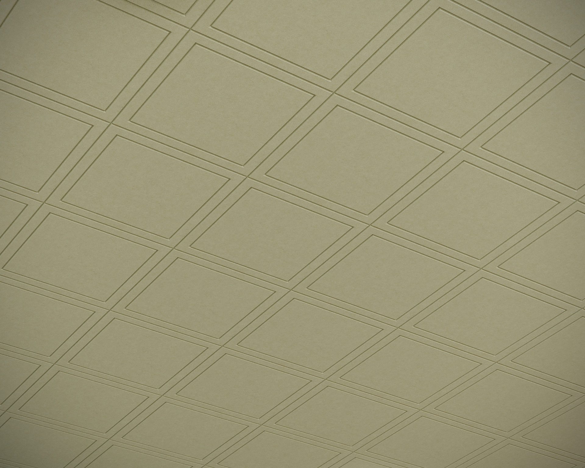 A beige drop ceiling features an acoustic felt grid pattern of square tiles. The tiles and panels are uniformly arranged, contributing to a simple, orderly appearance.