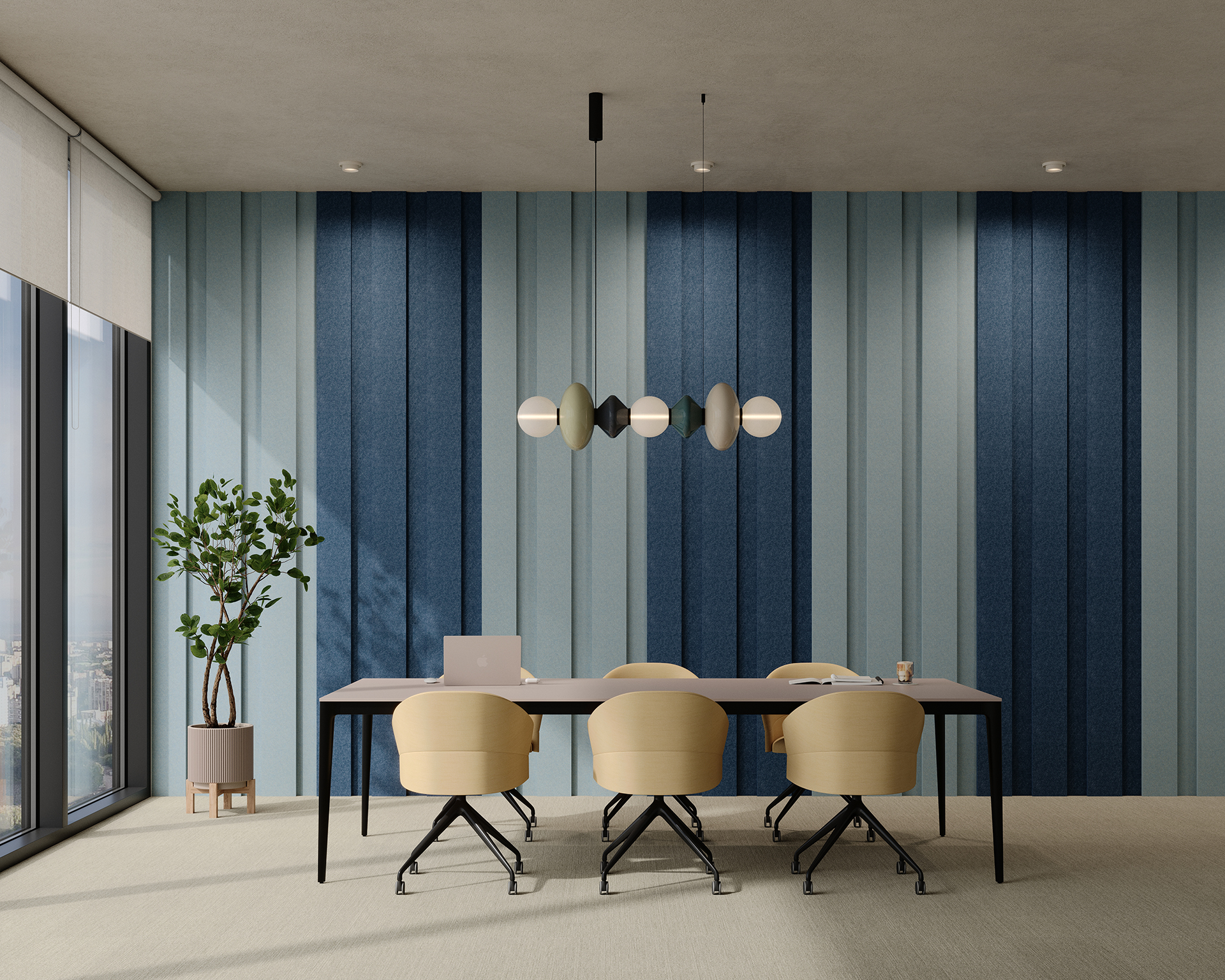 Modern office interior with a table and five beige chairs. A laptop is on the table, and behind it, a wall features vertical blue acoustic felt wall tiles. A potted plant sits by a large window on the left, with a contemporary light fixture above.