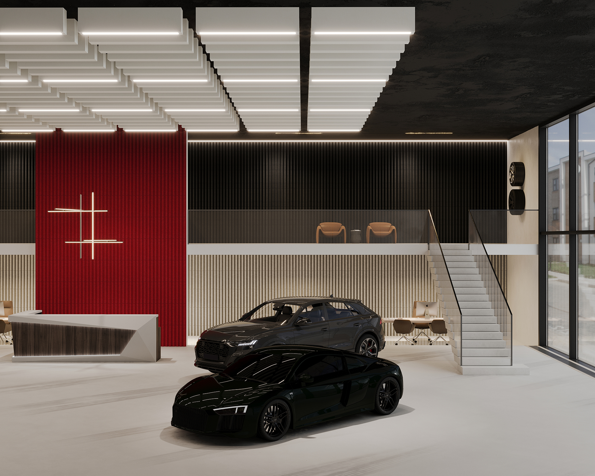 A modern showroom showcases two luxury cars, with a black car in the foreground and an SUV in the background. A staircase leads to a mezzanine with seating. The space features a red acoustic felt wall and geometric ceiling lights.