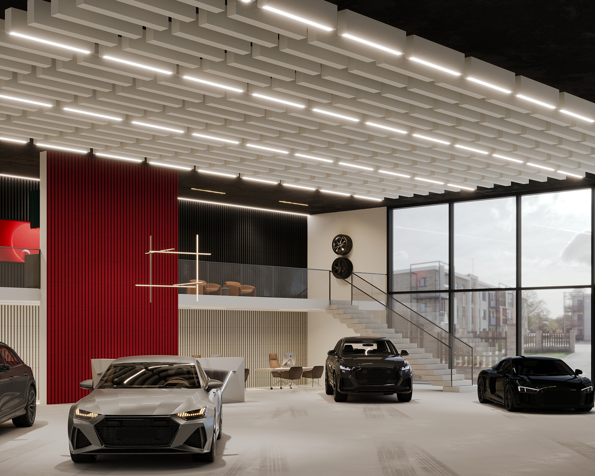 A modern car showroom featuring sleek cars and an acoustic felt wall panel with red accents. The spacious interior includes contemporary lighting, a staircase, and large windows overlooking a cityscape. The polished concrete floor enhances the minimalist design.