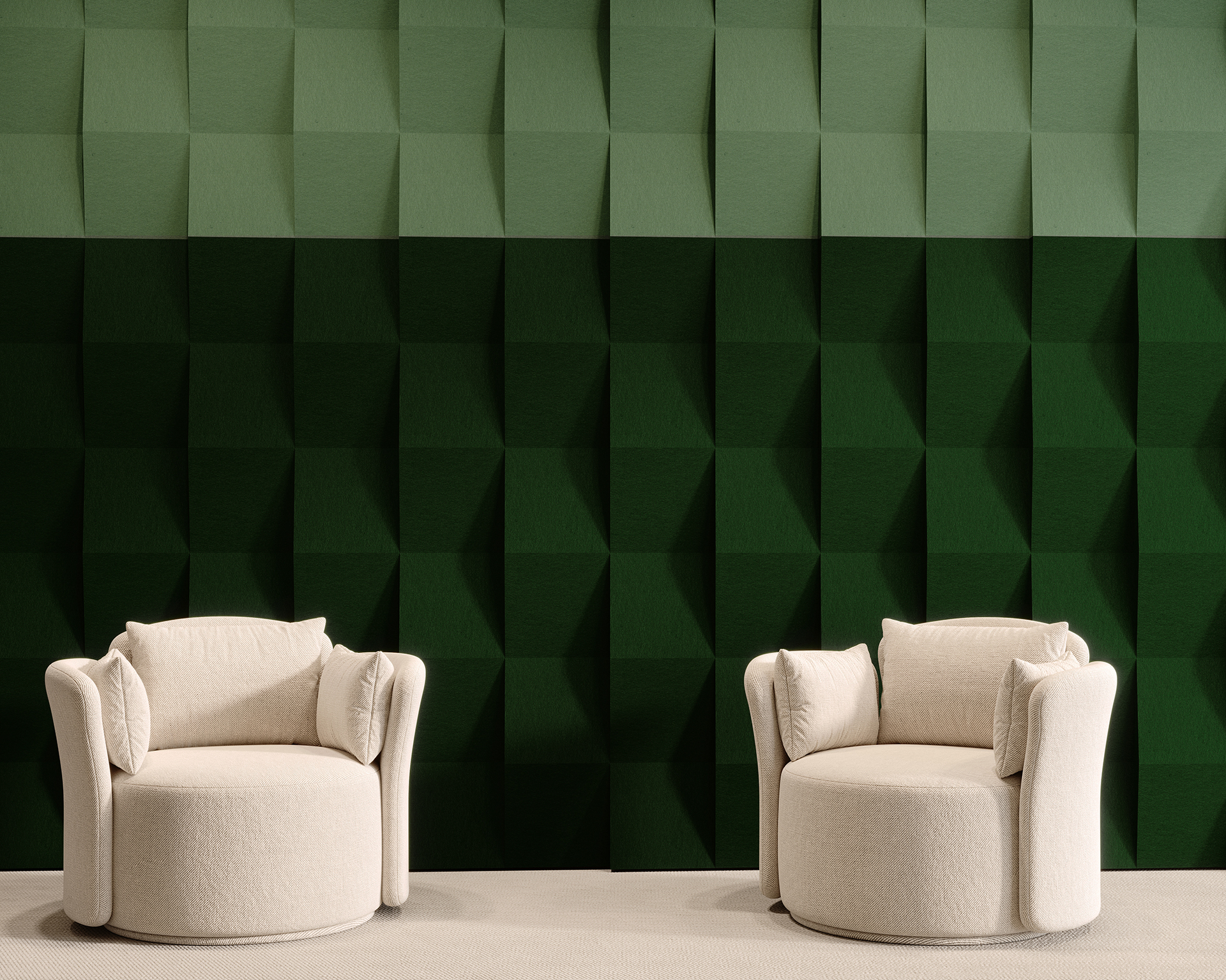 Two white, cushioned armchairs sit on a light carpet in front of a textured wall with geometric patterns created by acoustic felt tiles. The varying shades of green add depth and contrast to the minimalist, modern setting.