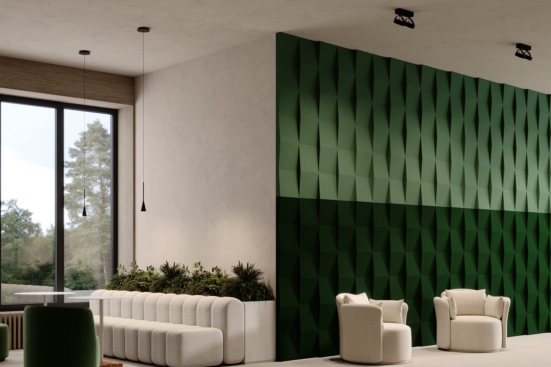 Modern interior with a green geometric accent wall of acoustic felt wall tiles, featuring a white sectional sofa and two beige armchairs. A large window reveals a view of trees, and a planter adds indoor greenery. Pendant lights hang from the ceiling.