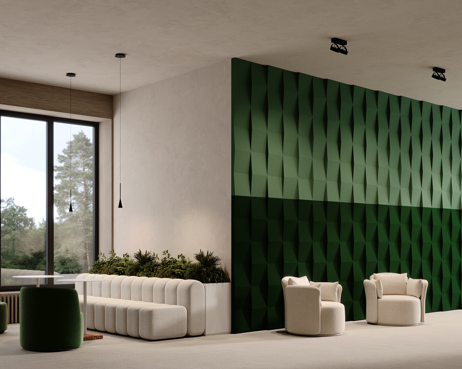 Modern interior with a green geometric accent wall of acoustic felt wall tiles, featuring a white sectional sofa and two beige armchairs. A large window reveals a view of trees, and a planter adds indoor greenery. Pendant lights hang from the ceiling.