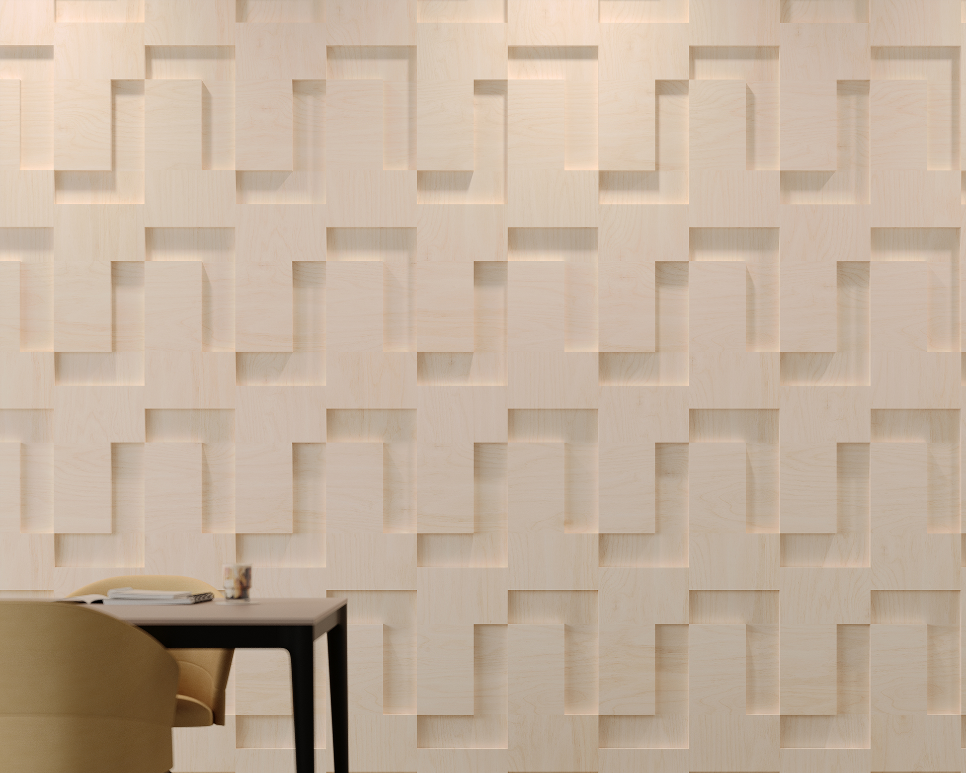 A modern interior wall showcases a geometric pattern of etched woodgrain acoustic felt wall tiles with subtle lighting effects. In the foreground, a black table with a beige chair, and some small objects are on the table. The space is minimalistic and well-lit.