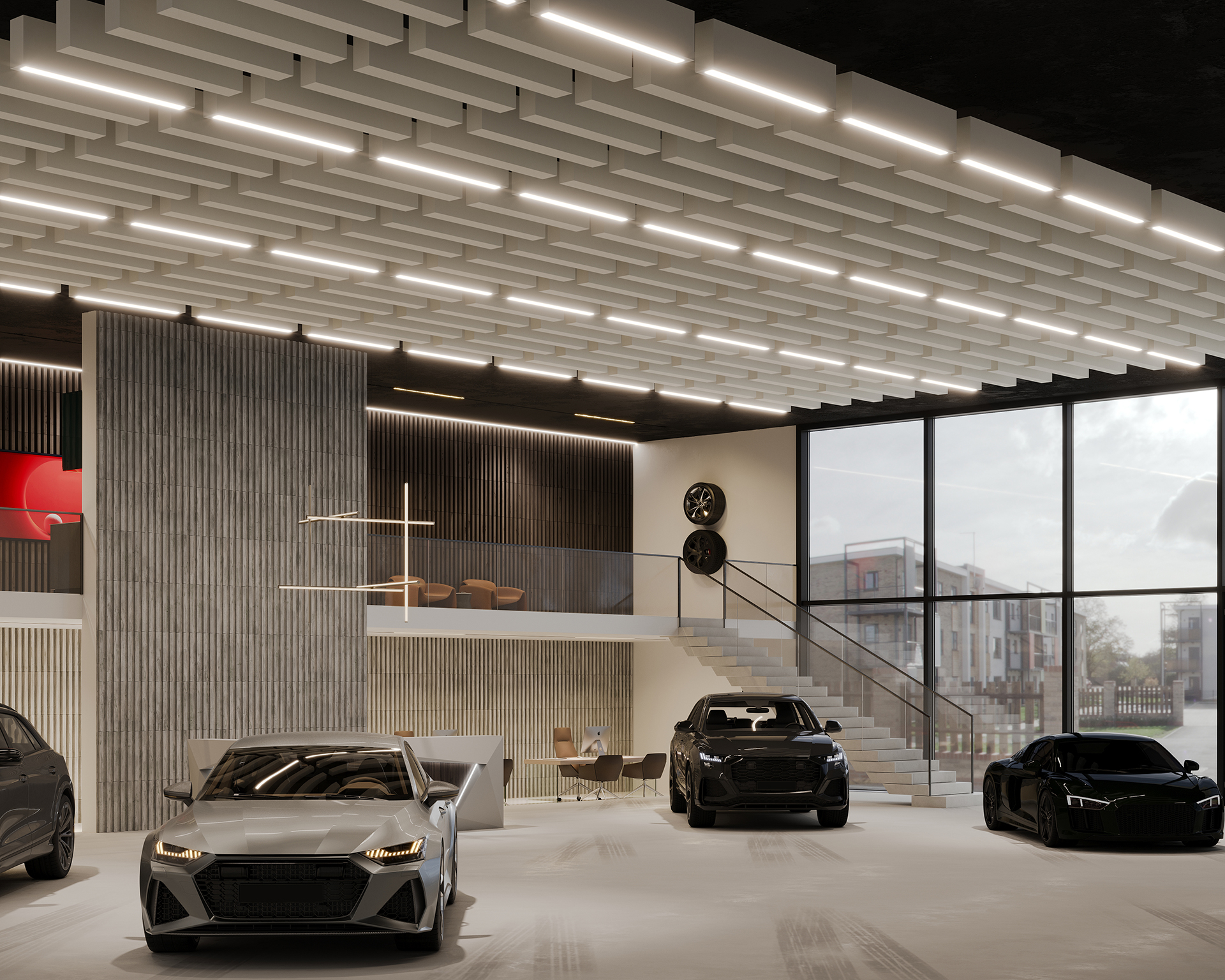 A modern car showroom with sleek architecture, featuring several luxury cars in a spacious, well-lit interior. Large windows reveal an exterior view, while acoustic felt wall panels on the mezzanine level provide both decor and sound softening alongside additional seating.