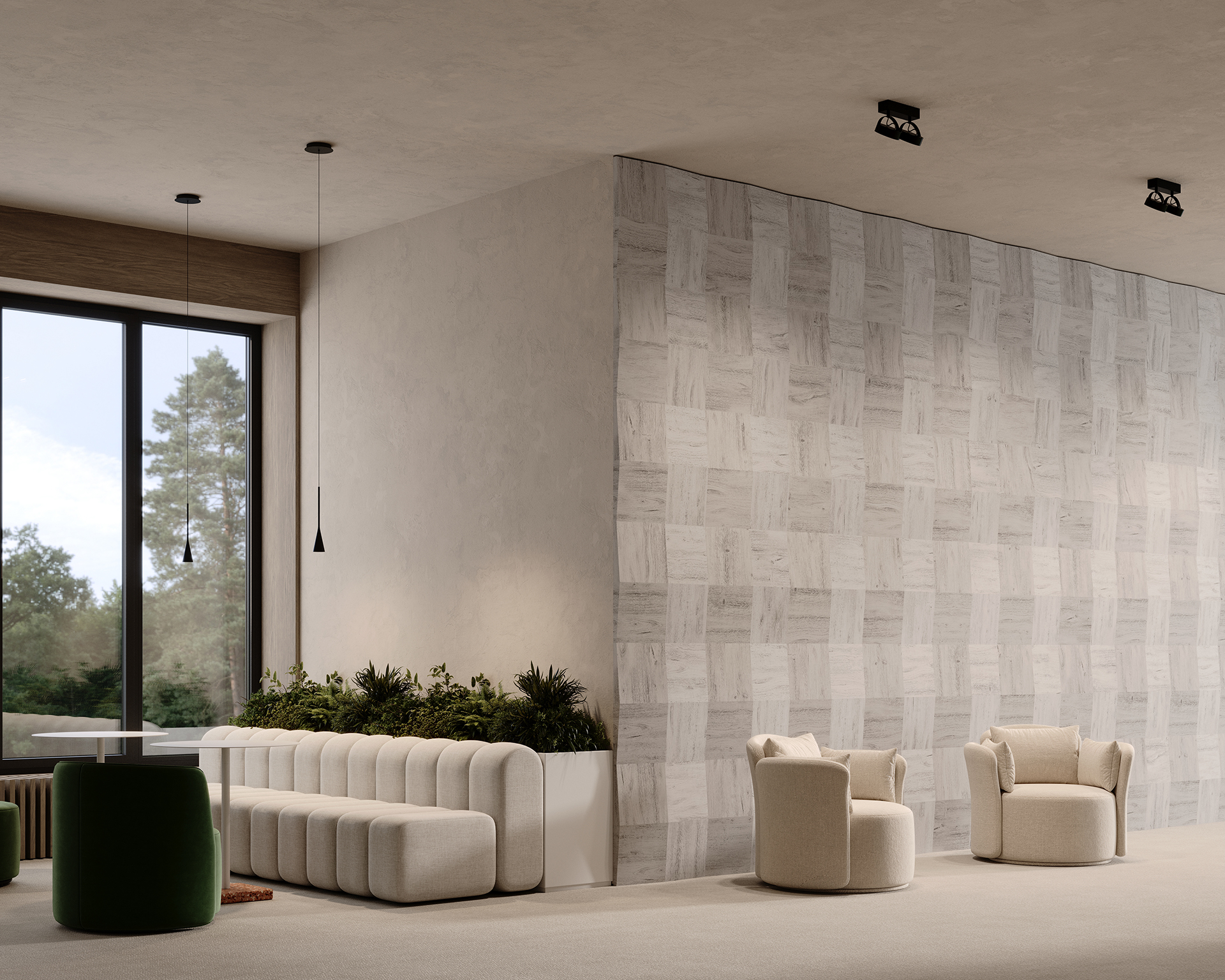 Modern interior with light gray acoustic felt wall tiles, featuring a green velvet sofa, two beige armchairs, and a plant arrangement. A large window overlooks trees as pendant lights hang from the ceiling. The space maintains a minimalist aesthetic.