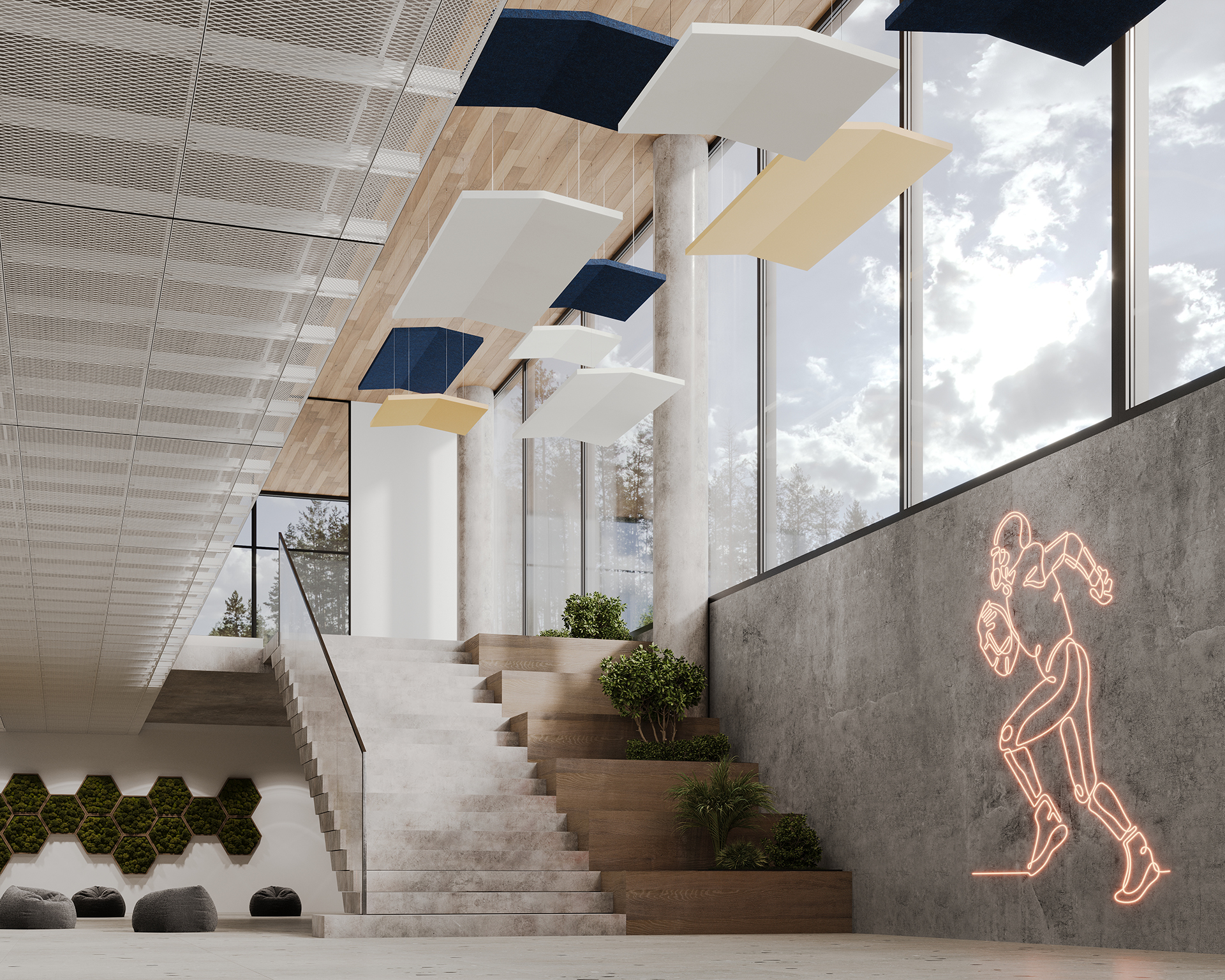 Modern interior with wooden stairs, acoustic felt ceiling panels, and large windows showing a cloudy sky. A neon outline of a sprinting athlete is on the concrete wall. Potted plants decorate the staircase and wall planters add greenery.