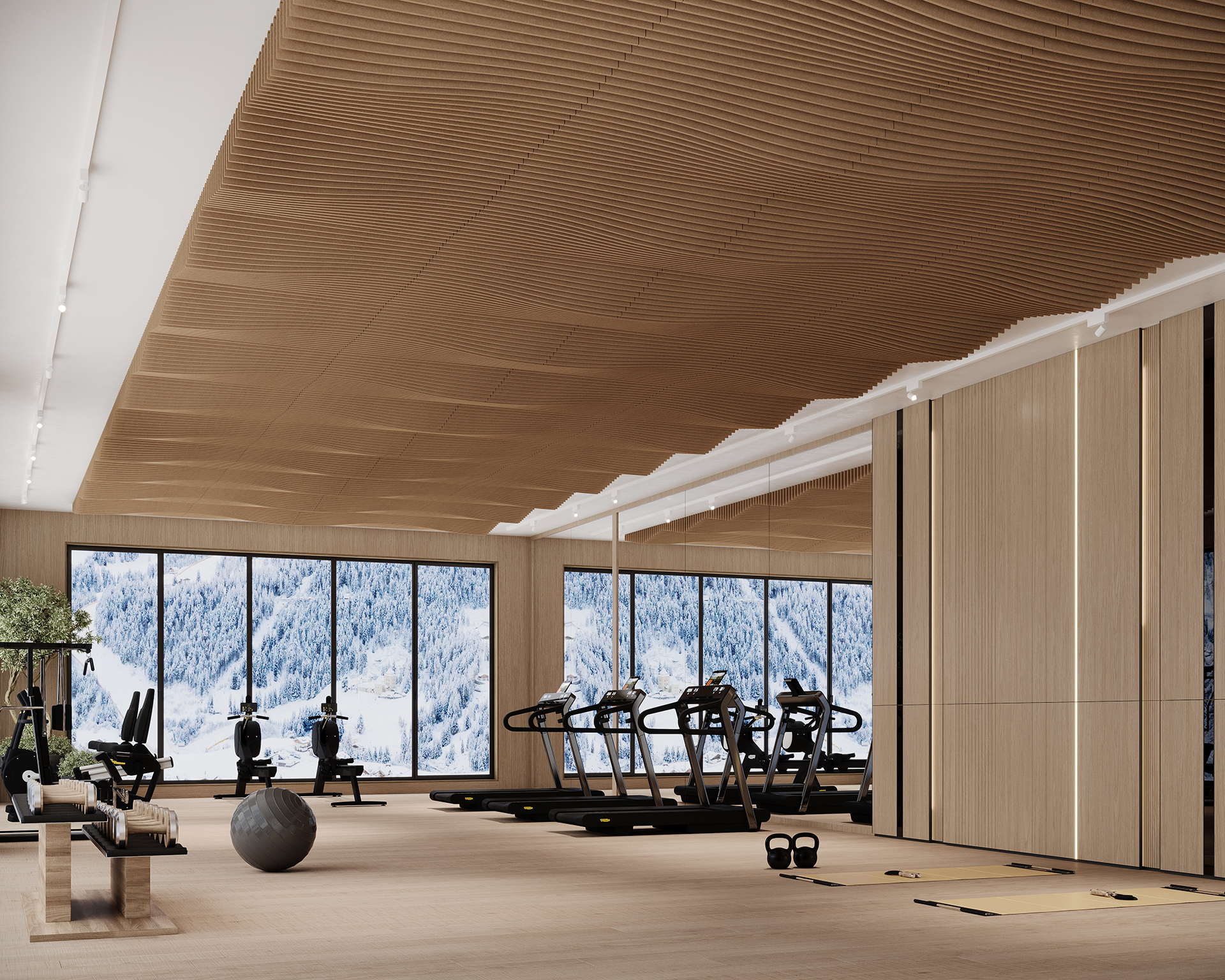 Modern gym with wooden accents featuring treadmills, exercise bikes, and a yoga ball, all under a slatted acoustic felt ceiling. Large windows reveal a snowy mountain landscape, enhancing the peaceful ambiance.
