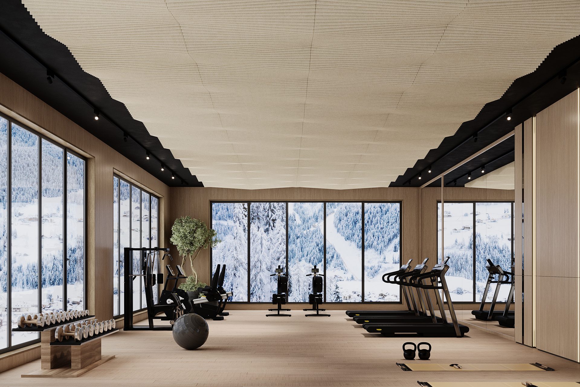 A modern gym with large windows showcasing a snowy mountain view. The room features treadmills, stationary bikes, exercise mats, weights, a stability ball, and a tree. The interior is bright with wooden flooring and an acoustic felt ceiling.