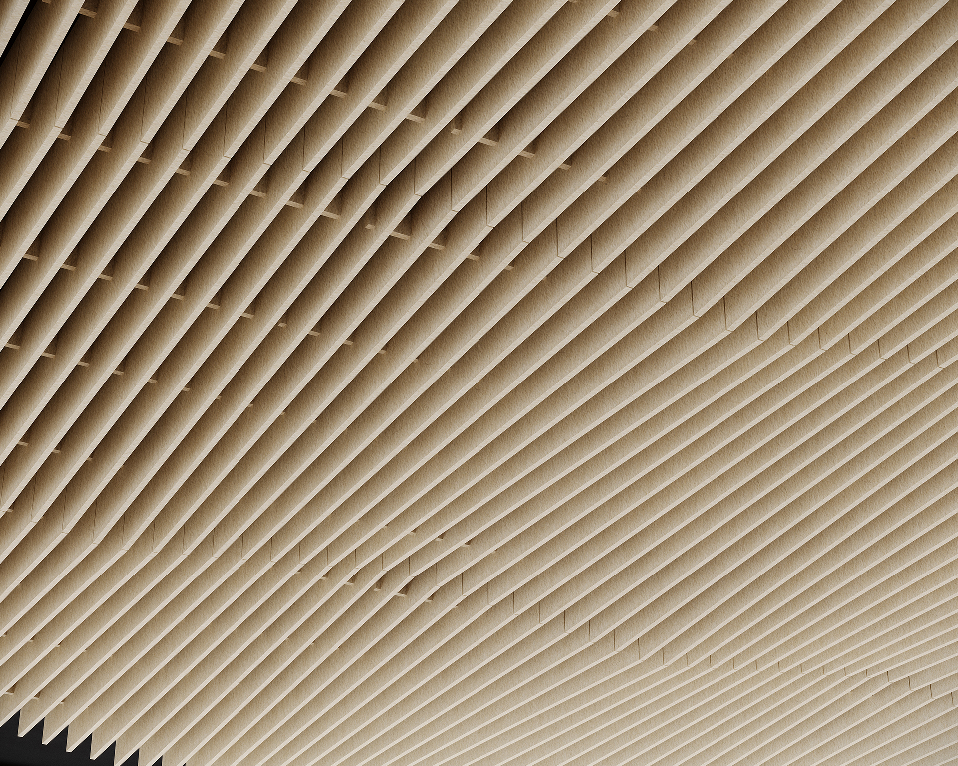 The image shows an acoustic felt ceiling with an array of evenly spaced wooden slats that form stripes. The perspective is from below, creating a pattern of lines receding into the distance. The slats are light brown, and the overall appearance is geometric.