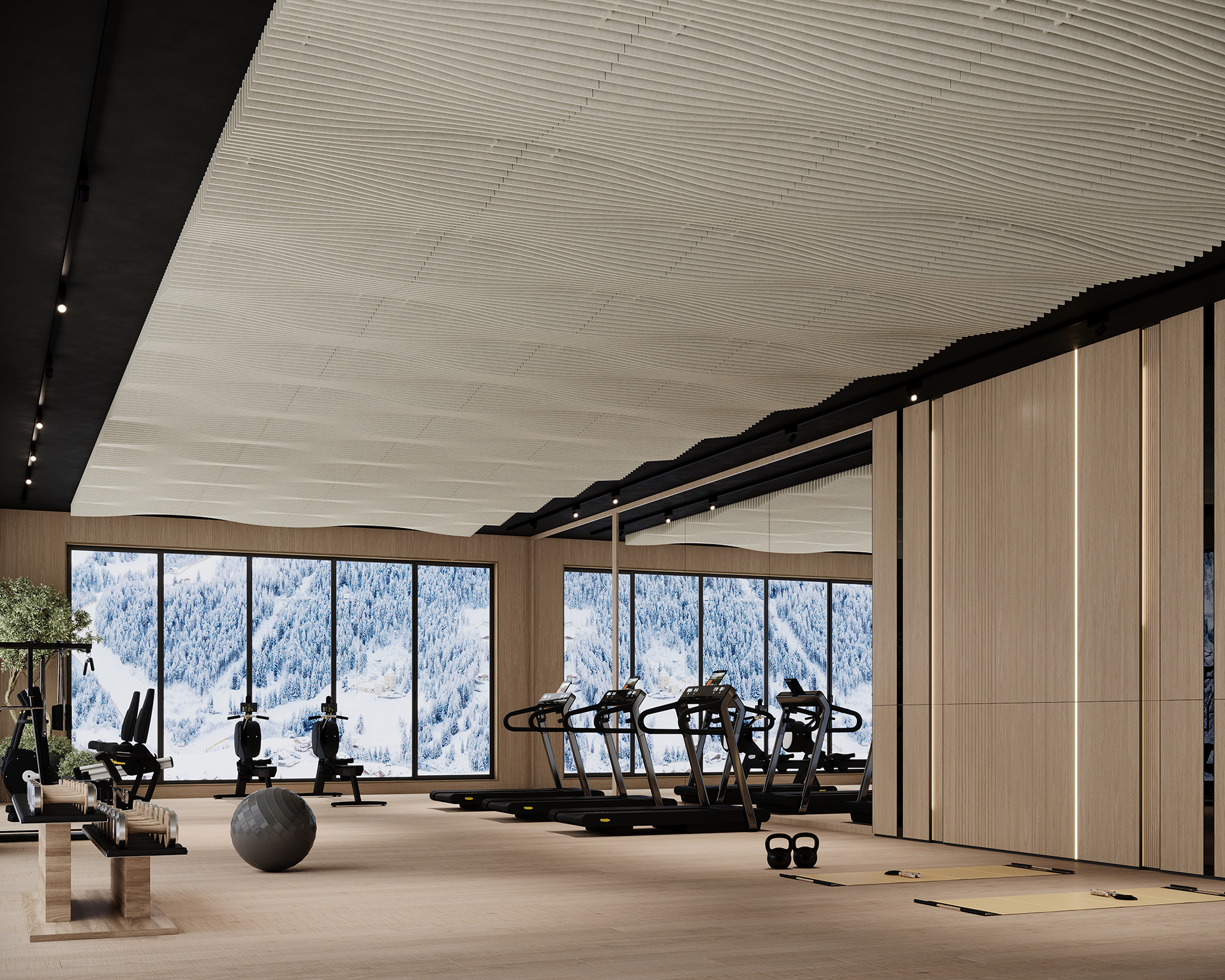 A modern gym with large windows showcasing a snowy mountain landscape. The room features treadmills, exercise bikes, a gym ball, and various equipment on a light wooden floor. The acoustic felt ceiling has a textured, wavy design.