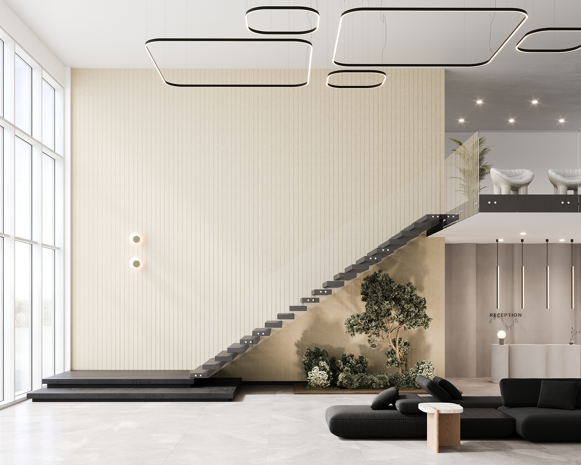 Minimalist lobby with a floating staircase, acoustic felt accent wall, contemporary lighting, and modern decor. A vertical garden accents the stairs. Large windows illuminate the space, featuring a reception desk with sleek design elements.