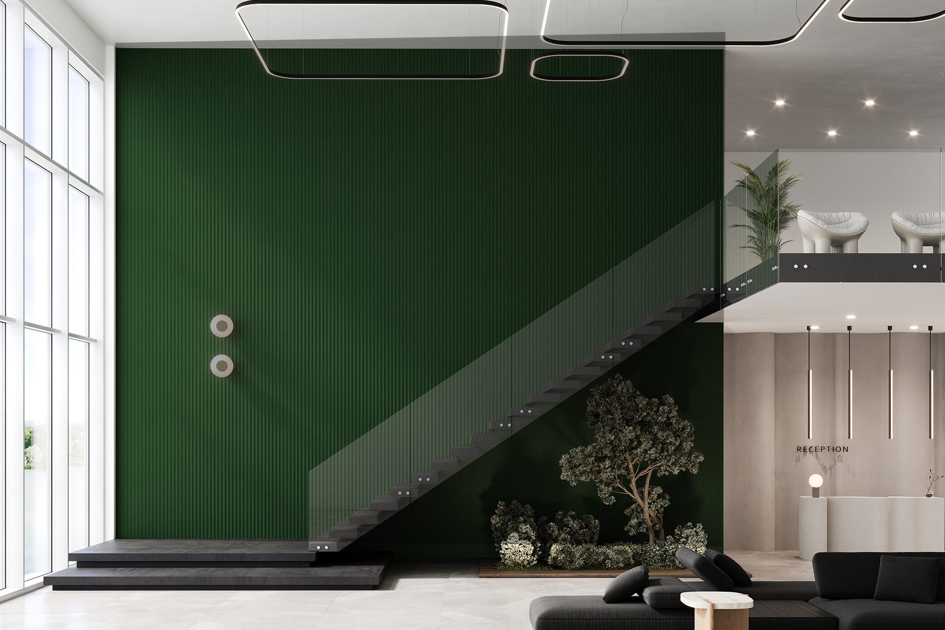 Modern lobby with a floating staircase against a green acoustic felt wall, featuring minimalist lighting fixtures. The space includes a reception area on an upper level, large windows, and indoor plants, with a sleek black sofa in the foreground.