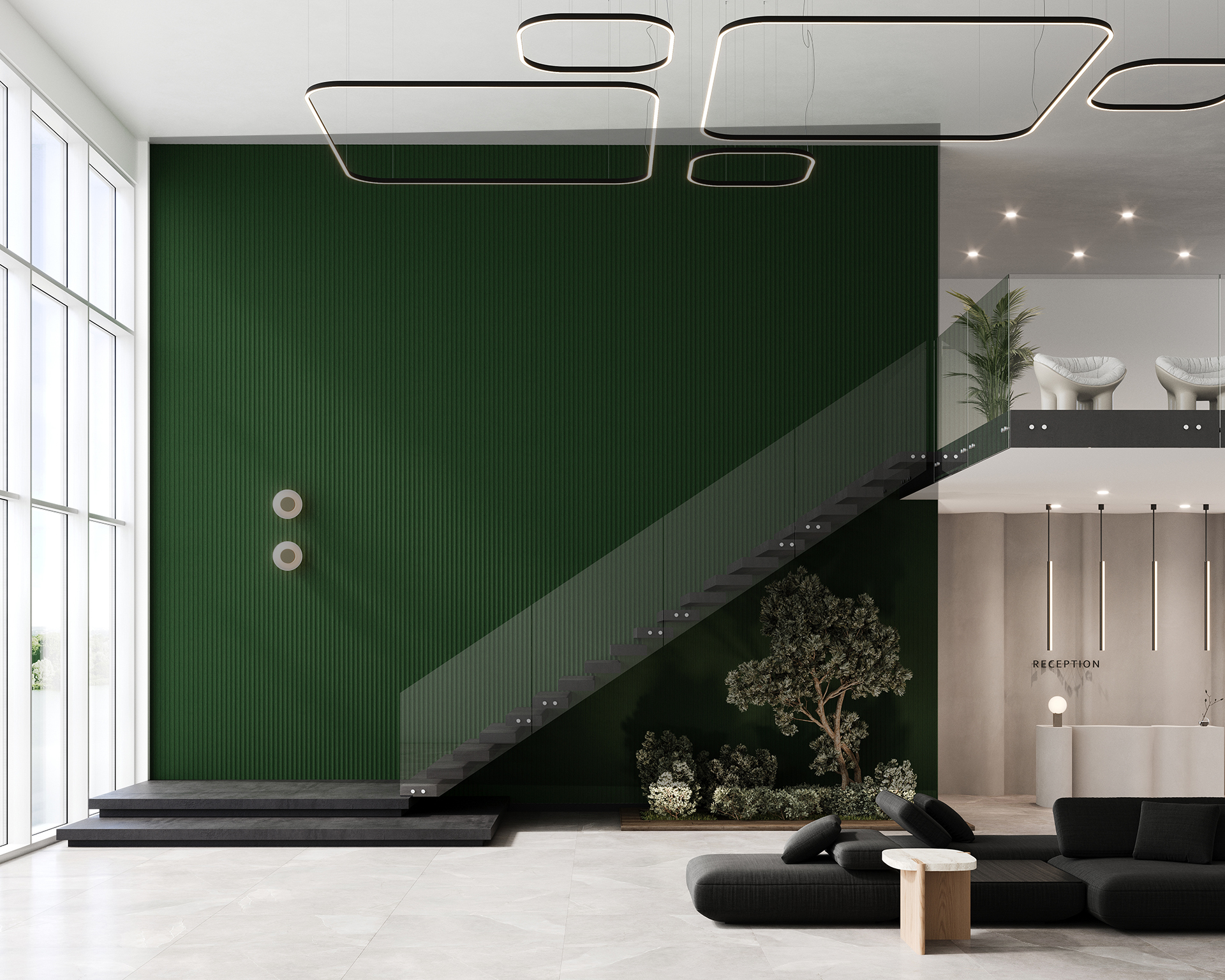 Modern lobby with a floating staircase against a green acoustic felt wall, featuring minimalist lighting fixtures. The space includes a reception area on an upper level, large windows, and indoor plants, with a sleek black sofa in the foreground.