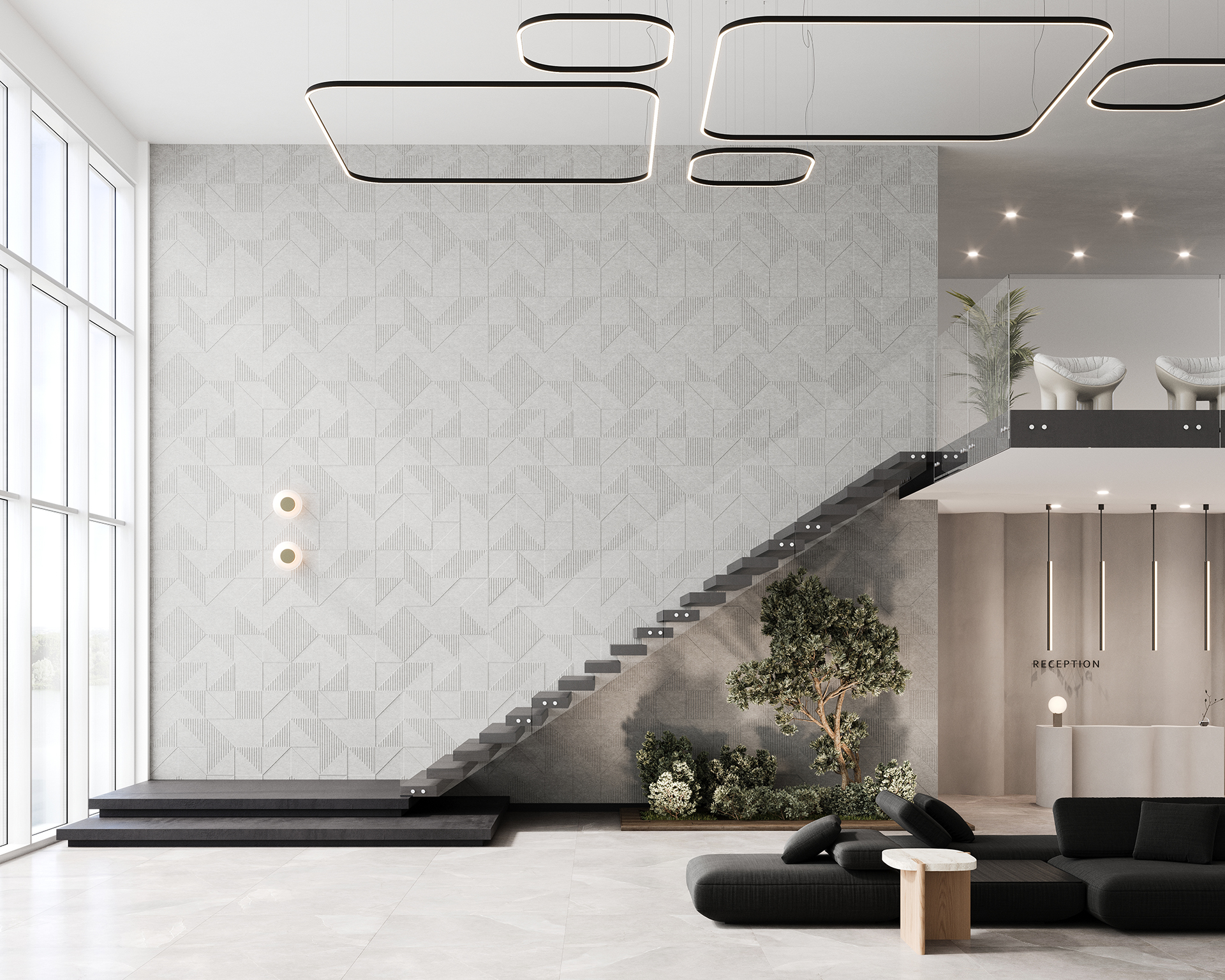 Minimalist interior with a modern staircase, geometric acoustic felt wall pattern, and abstract ceiling lights. Features a reception area, large windows, a black sofa, and indoor plants. The color scheme is neutral with grays and whites.