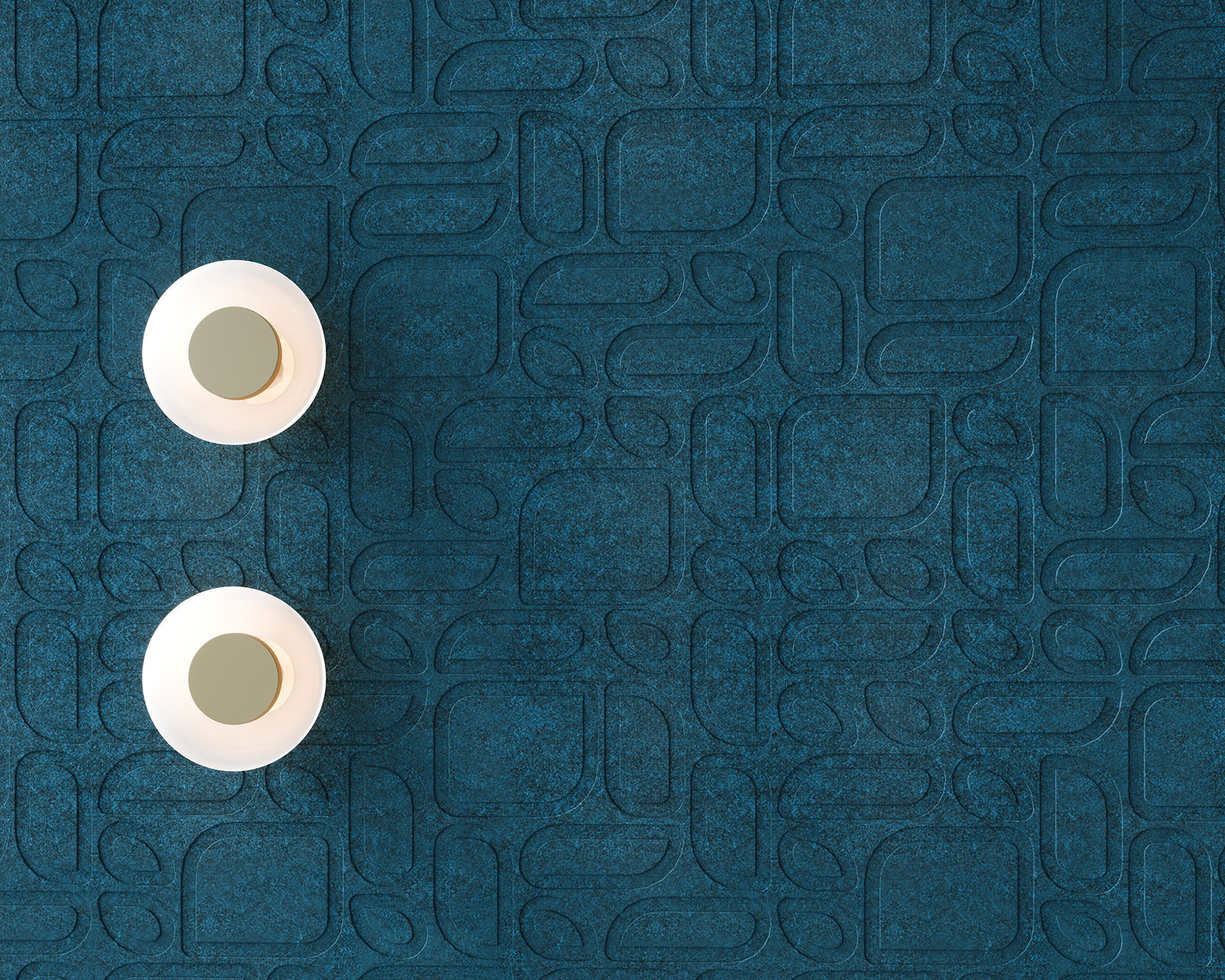 Two round white lights on a textured dark teal acoustic felt wall featuring an abstract geometric pattern. The lights are placed towards the left, leaving a large portion of the patterned surface visible on the right.