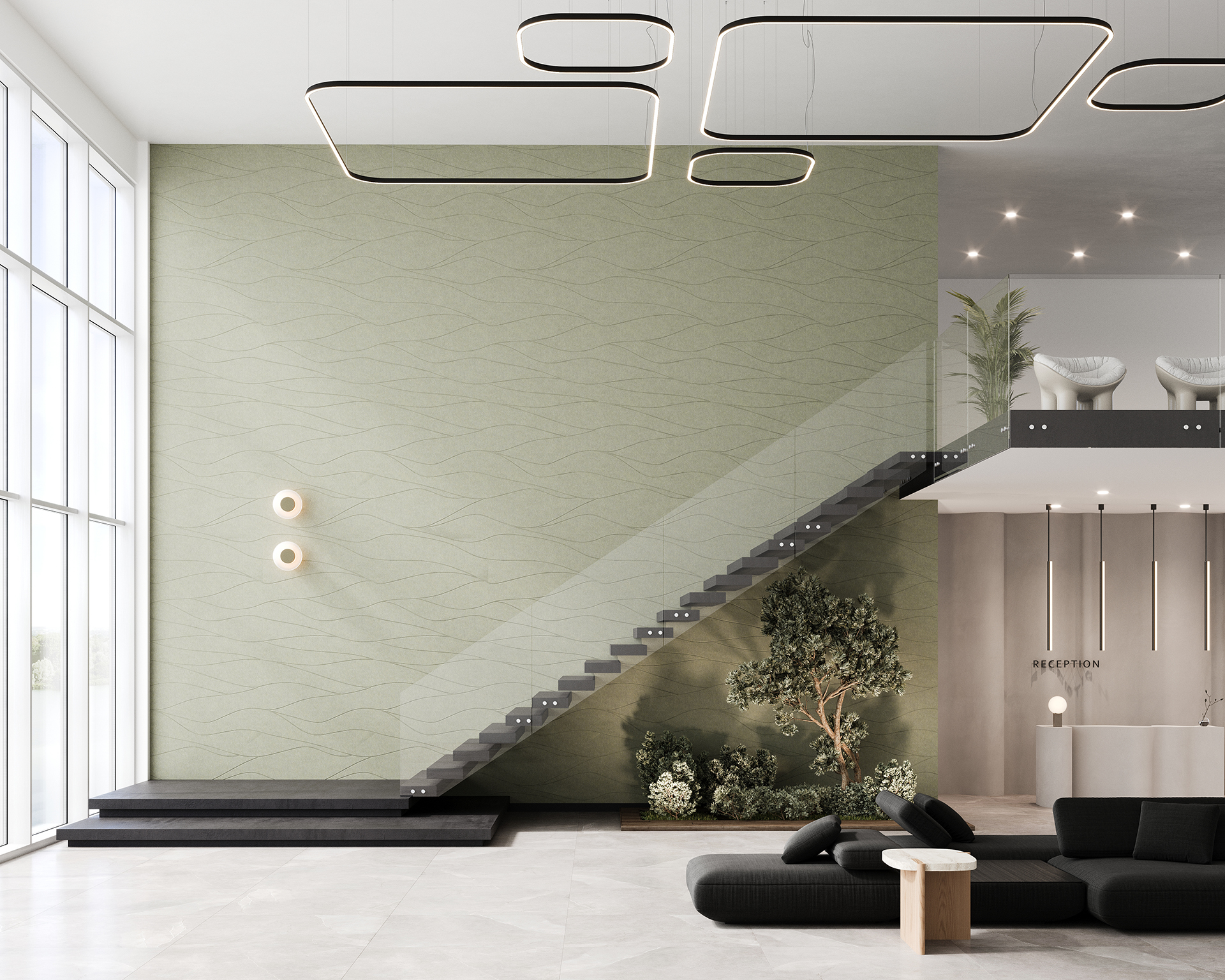 Modern lobby with a floating staircase, green textured acoustic felt wall, and minimalist ceiling lights. Features a sleek reception desk, potted plants, and large windows allowing natural light. A dark sofa sits on the marble floor.