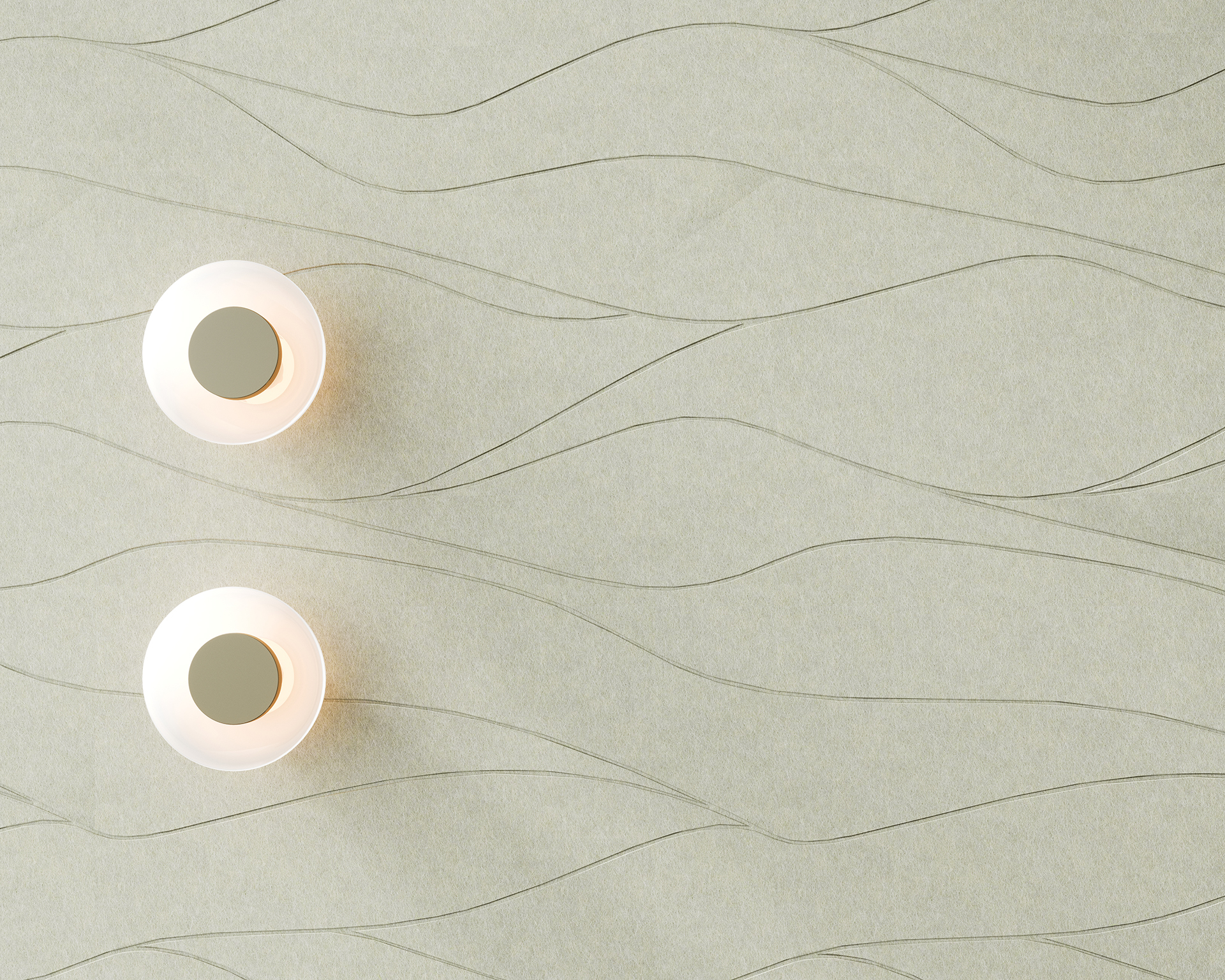 Two round wall lights with glowing edges are mounted on a light green acoustic felt wall with a subtle wavy pattern. The design creates a minimalist and modern aesthetic.