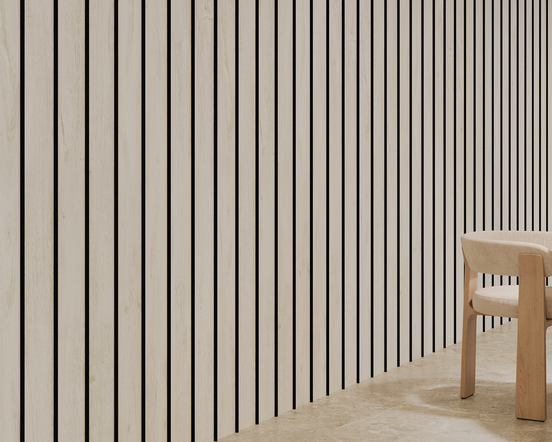 Minimalist interior featuring a light woodgrain acoustic felt slat wall with vertical black lines. A modern chair with a light fabric seat and wooden legs is partially visible on the right. The floor is light-colored, complementing the wall.