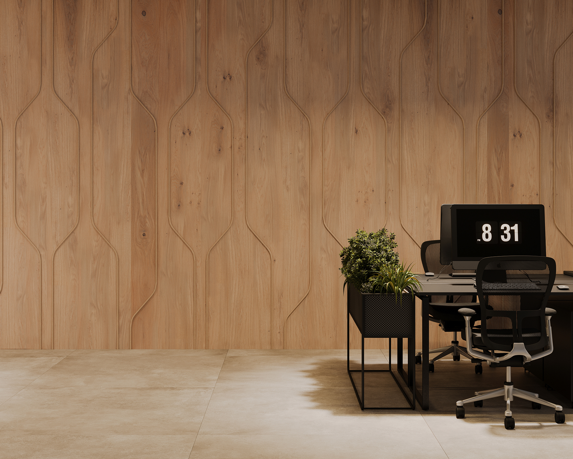 Modern office space with a woodgrain textured acoustic felt wall. Features a desk with a computer monitor displaying "8:31," a black office chair, and a planter with green plants. The floor is light beige tile, creating a minimalist and clean atmosphere.