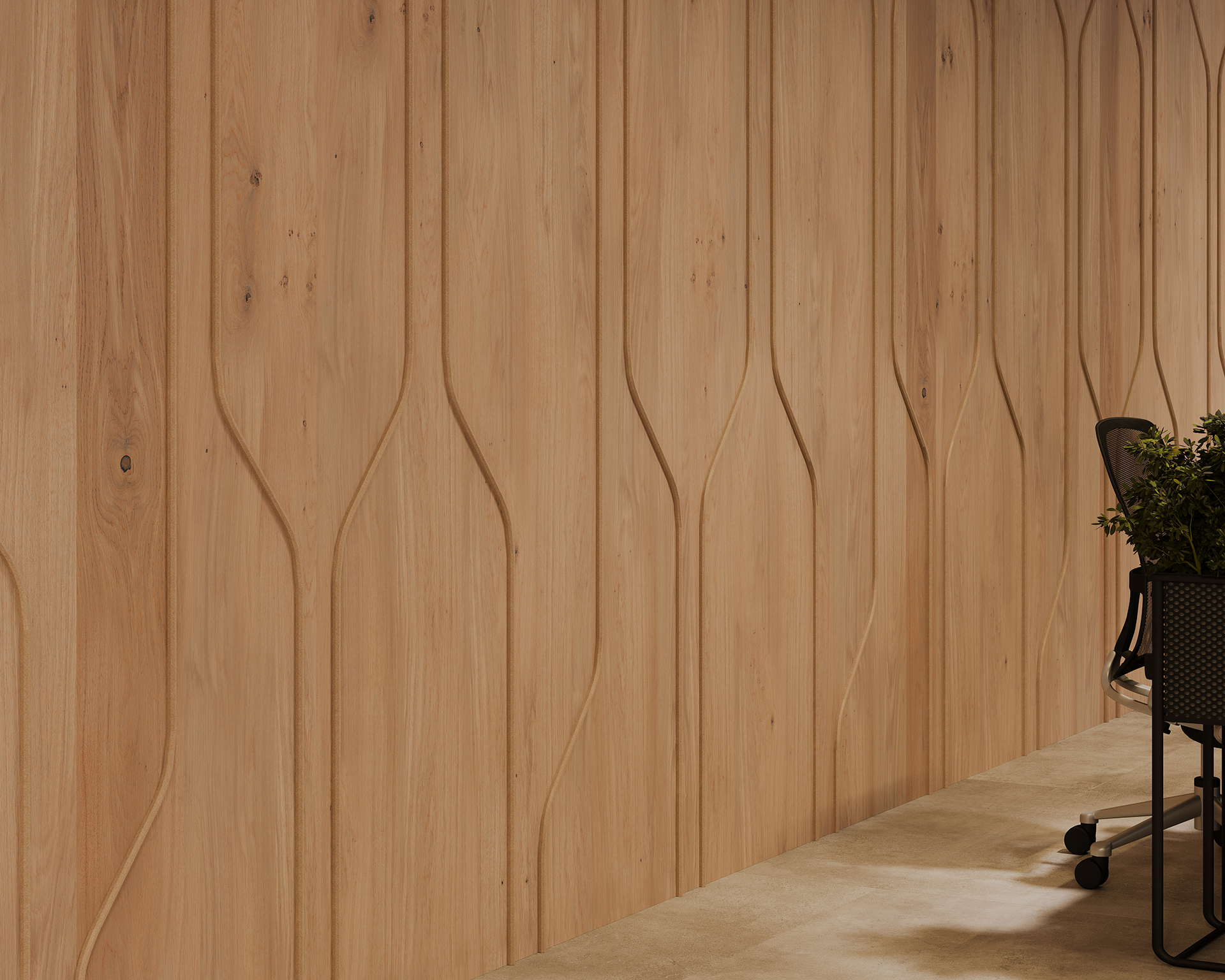 Woodgrain acoustic felt wall panels with vertical grooves create a textured appearance. The floor is light-colored, and there's a black office chair with a potted plant on it, partially visible, suggesting an office or workspace.