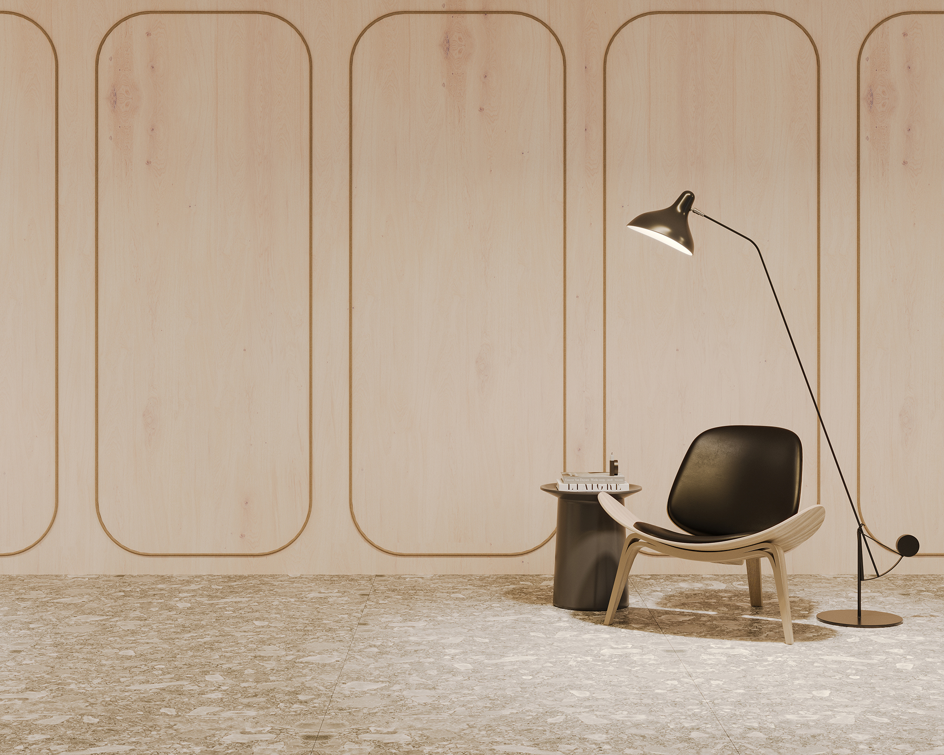 Minimalist room with light woodgrain acoustic felt wall panels and a terrazzo floor. A black chair with a wooden frame sits beside a small round table holding a stack of books. A tall, curved floor lamp with a black shade hovers over the chair.