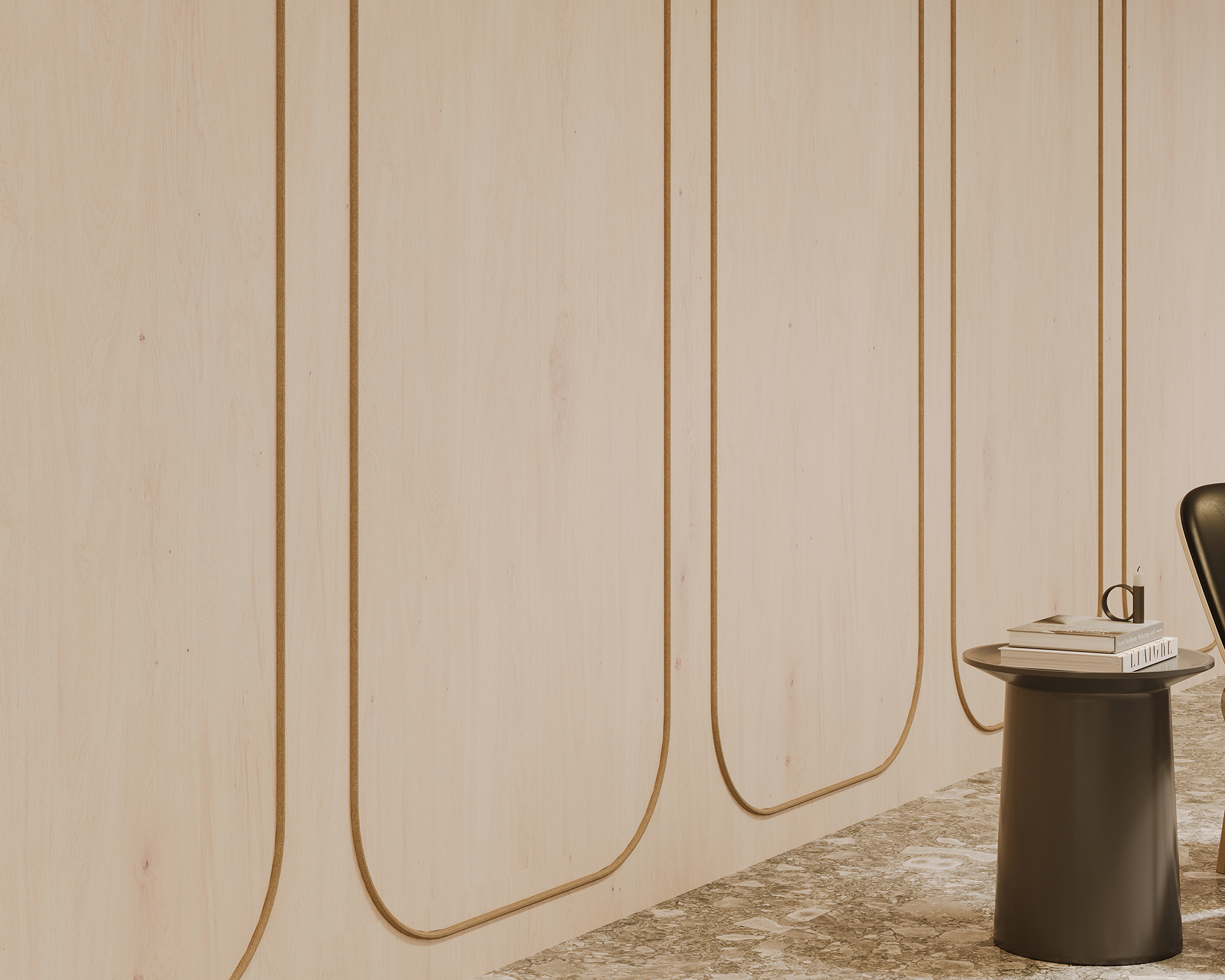 Minimalist interior with light woodgrain acoustic felt paneling featuring curved line accents. A textured carpet covers the floor. A small black side table holds a book and a saucer. A part of a chair is visible on the right side.