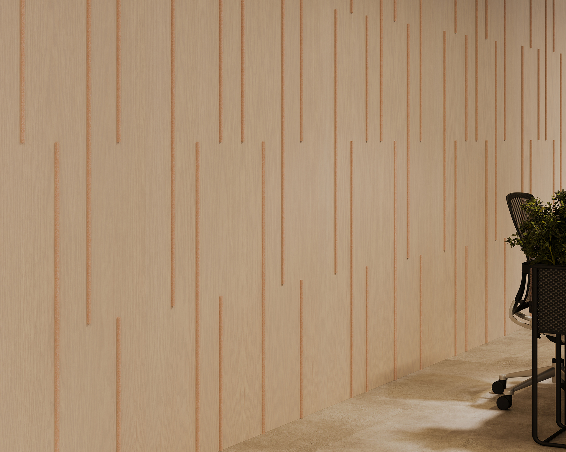 A modern office space with a textured woodgrain acoustic felt panel wall featuring vertical lines. Part of a black office chair with a plant on it is visible on the right side, and the floor is tiled in a light beige color. The room is well-lit and minimalistic.
