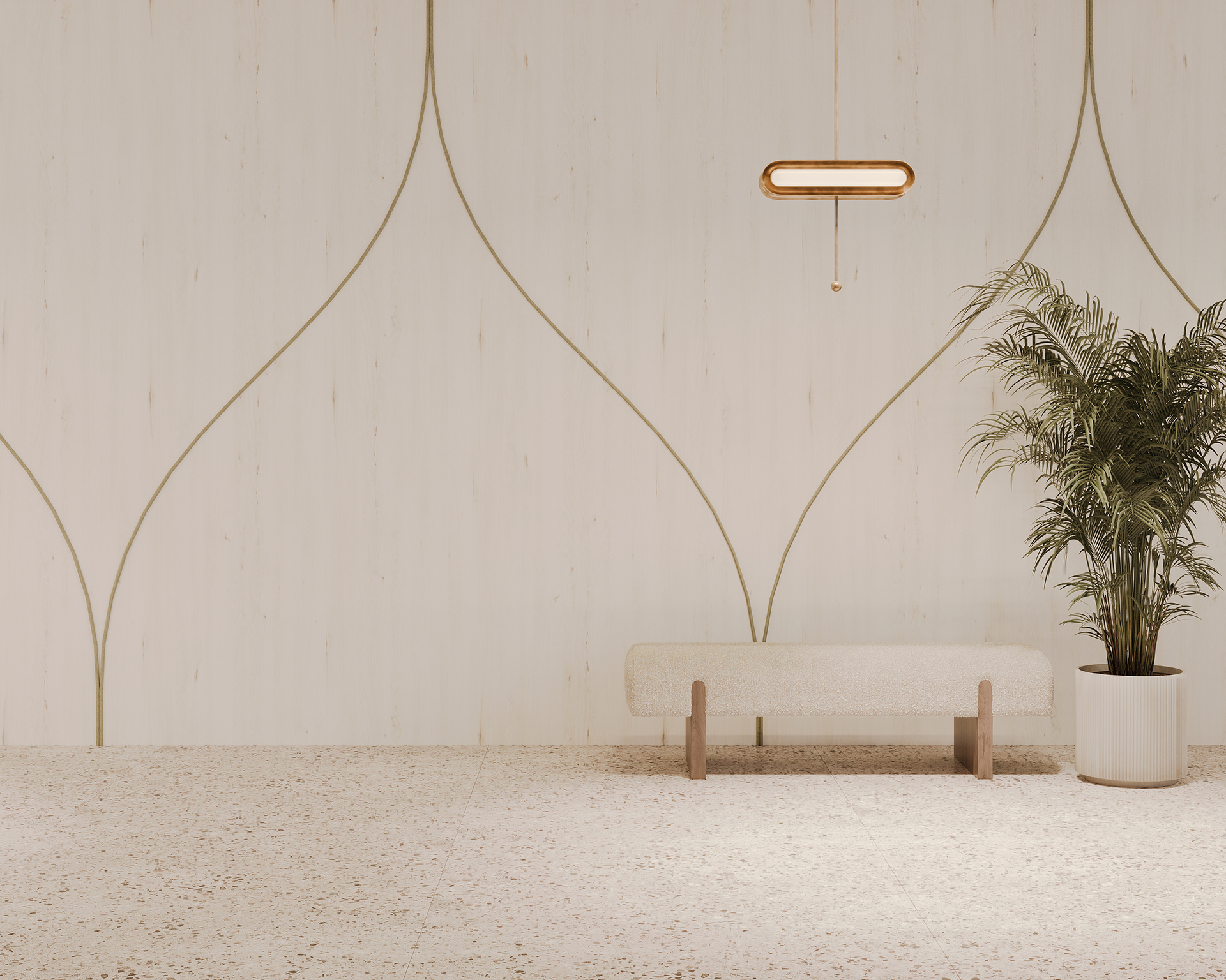 Minimalist interior with a light beige textured acoustic felt wall and abstract lines, a modern pendant light, a simple beige bench, and a potted plant with large green leaves on a speckled terrazzo floor.