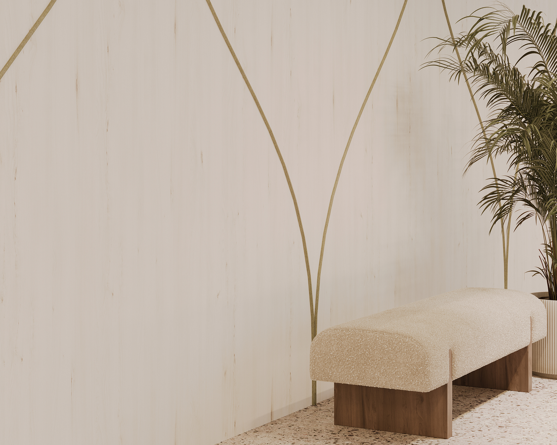 A modern interior scene features a light-colored, textured bench with a wooden base on a terrazzo floor. The wall has a minimalist design with subtle linear patterns on the acoustic felt. A large, leafy potted plant adds a fresh touch to the space.