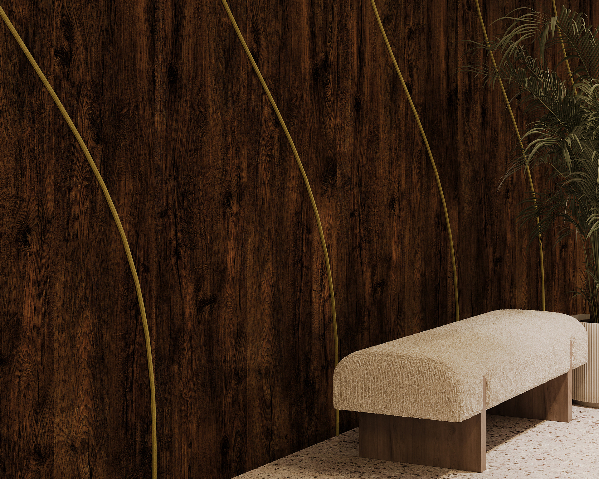 A modern interior features a dark woodgrain acoustic felt accent wall with vertical gold lines. In front of the wall is a light-colored, upholstered bench with wooden legs. A leafy green plant is partly visible on the side.