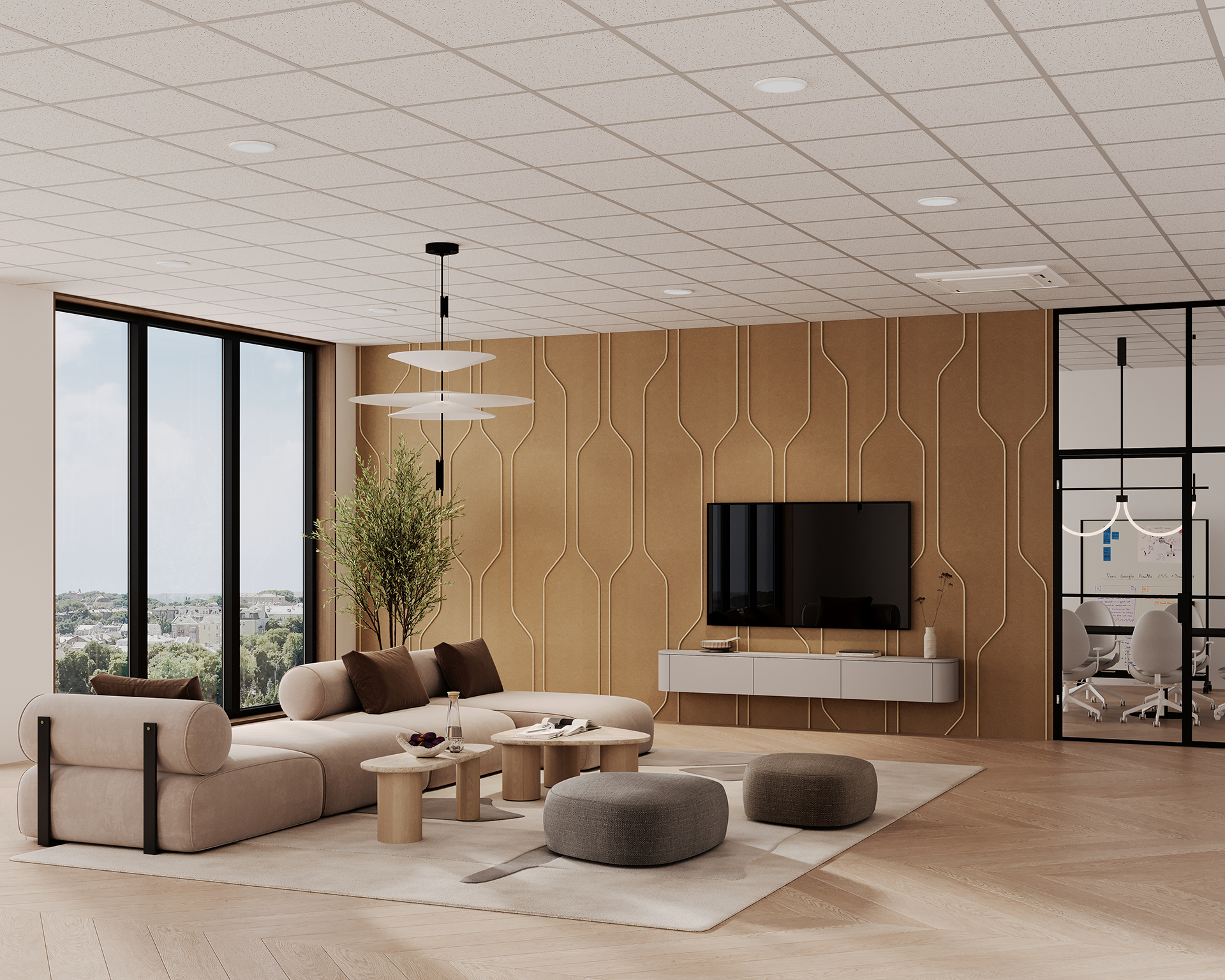 Modern living room with acoustic felt beige walls and large windows. Features a beige sofa, round coffee tables, poufs, and a wall-mounted TV. A decorative plant stands in the corner. Adjacent is an office room separated by glass partitions.