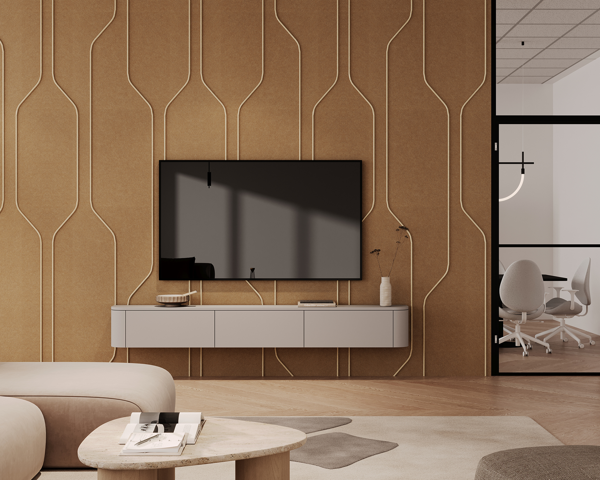 Minimalist living room with a large TV on a textured acoustic felt beige wall featuring a linear design. A floating gray console beneath the TV holds decor items. Soft beige furniture and a view of a glass-walled office with white chairs are visible.