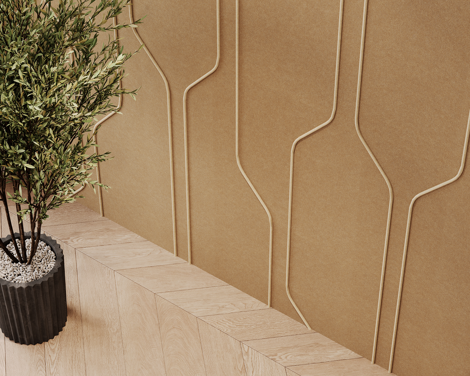 A potted plant with green leaves sits on a light wooden floor. The background features a textured, beige acoustic felt wall with a geometric, wavy pattern.