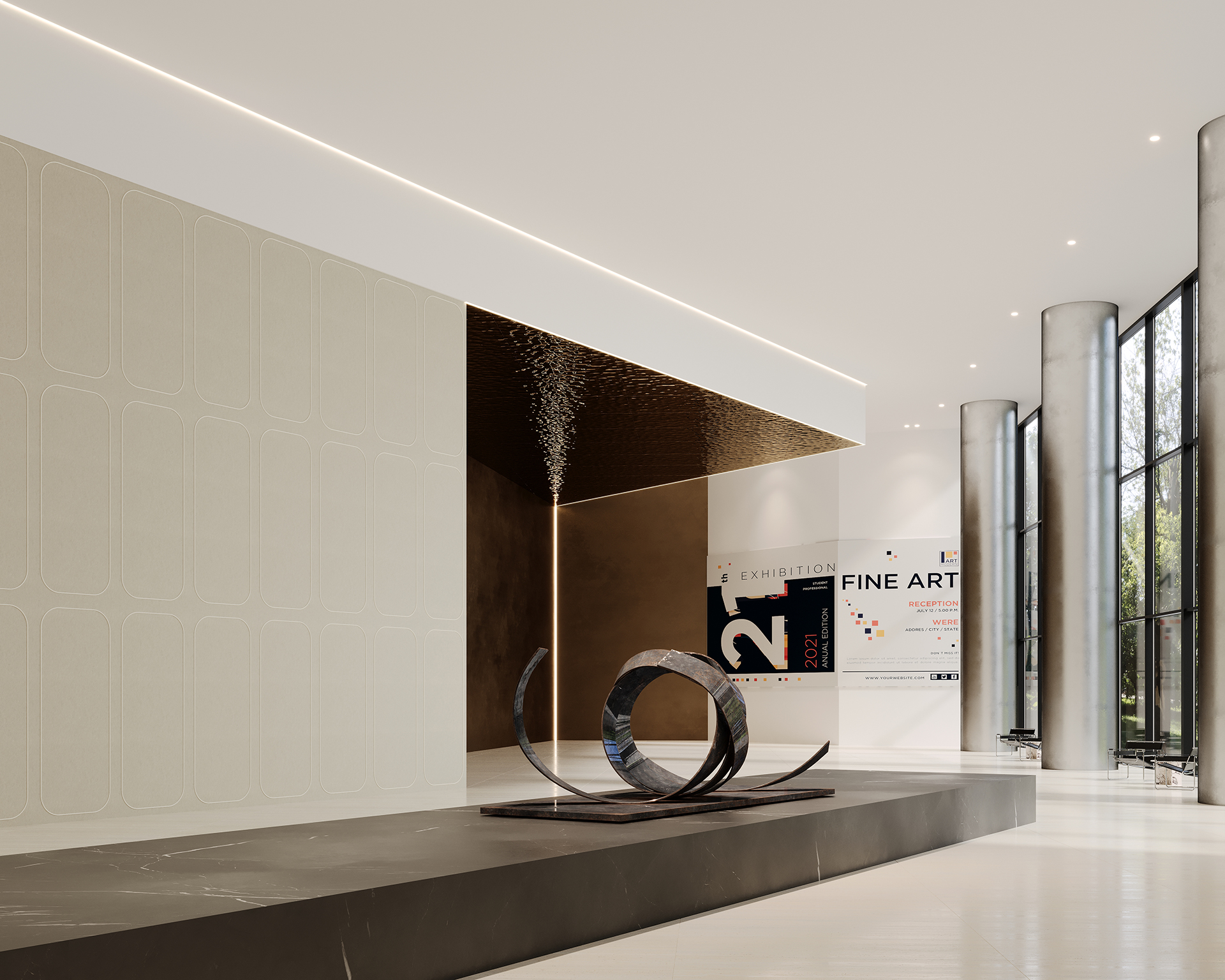 A modern art gallery interior with a large abstract sculpture on a black platform. The walls are neutral-toned acoustic felt, and a promotional poster for a fine art exhibition is displayed. Tall windows allow natural light to illuminate the space.
