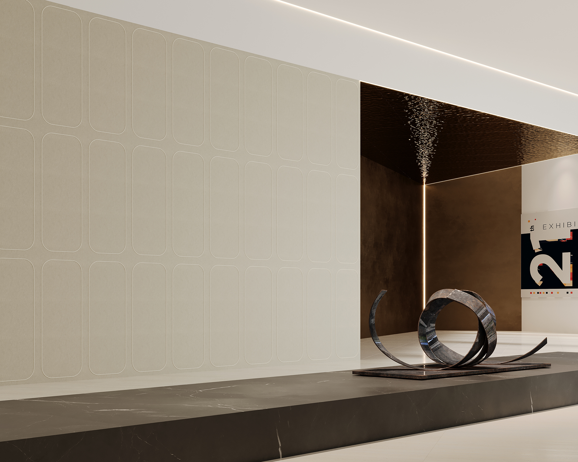 Modern indoor art installation with curved metal sculpture set on a glossy black platform. The backdrop features light beige acoustic felt paneling and a section of brown textured wall, with a partial view of a poster on the right. Bright overhead lighting.