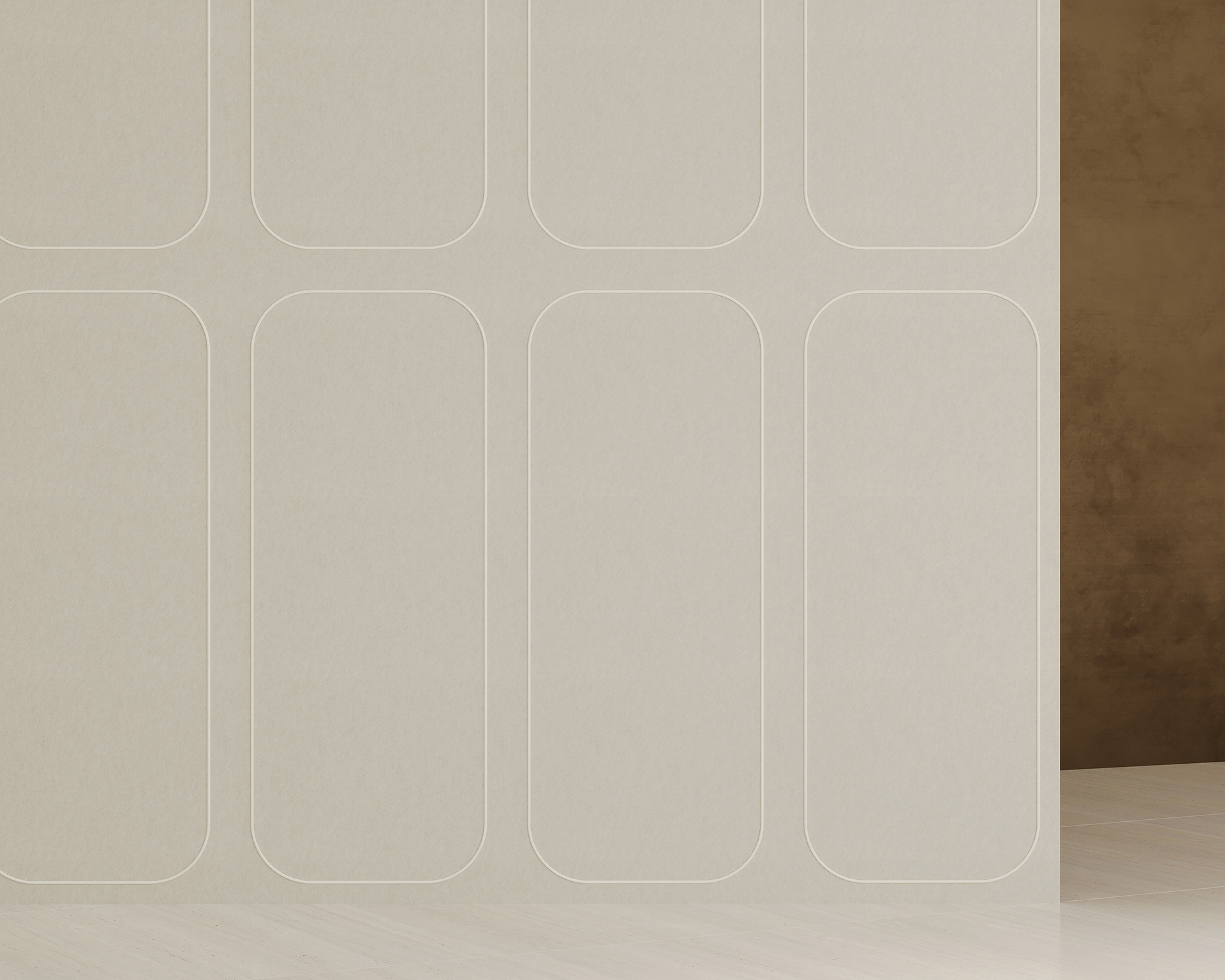 Minimalist interior with a light beige acoustic felt wall featuring subtle rectangular patterns and a wooden floor. A contrasting brown section is partially visible on the right side.