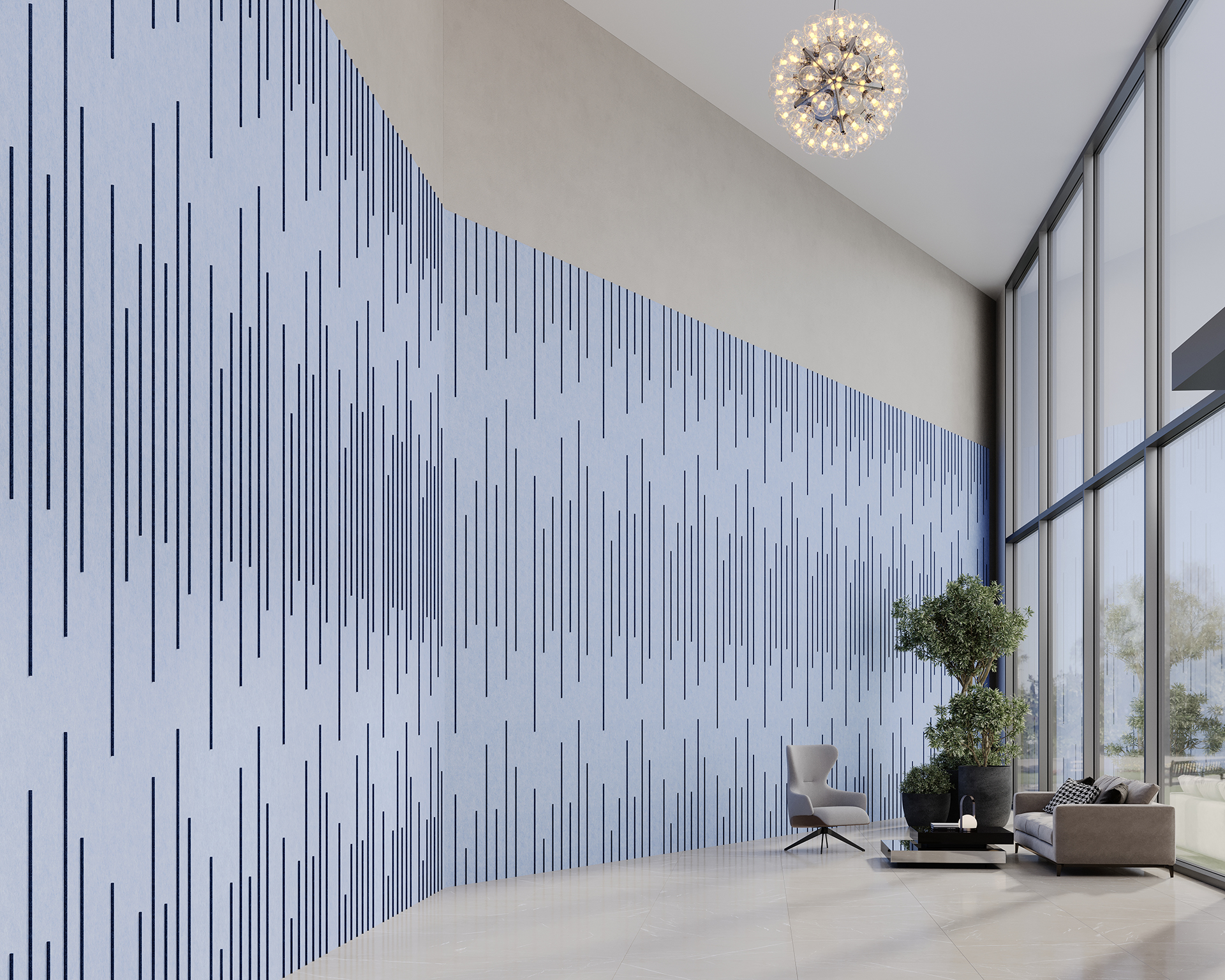 Modern interior with tall windows and a high ceiling features a patterned acoustic felt accent wall with vertical lines. A chandelier hangs above, and a seating area with chairs and a potted plant is near the window, allowing natural light to fill the space.