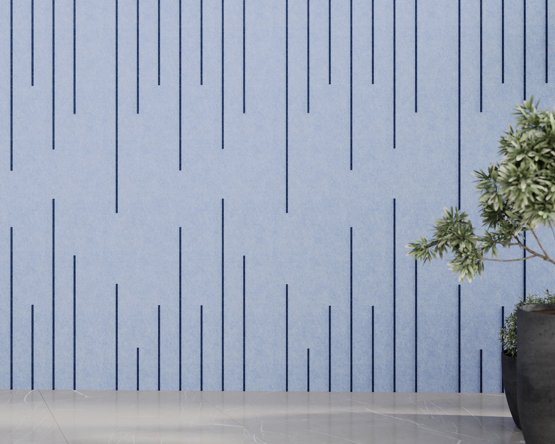 A minimalist interior features a light blue acoustic felt wall with vertical dark lines. A potted plant with green leaves sits in a black planter on a sleek, light gray tiled floor. The scene conveys a modern and tranquil atmosphere.