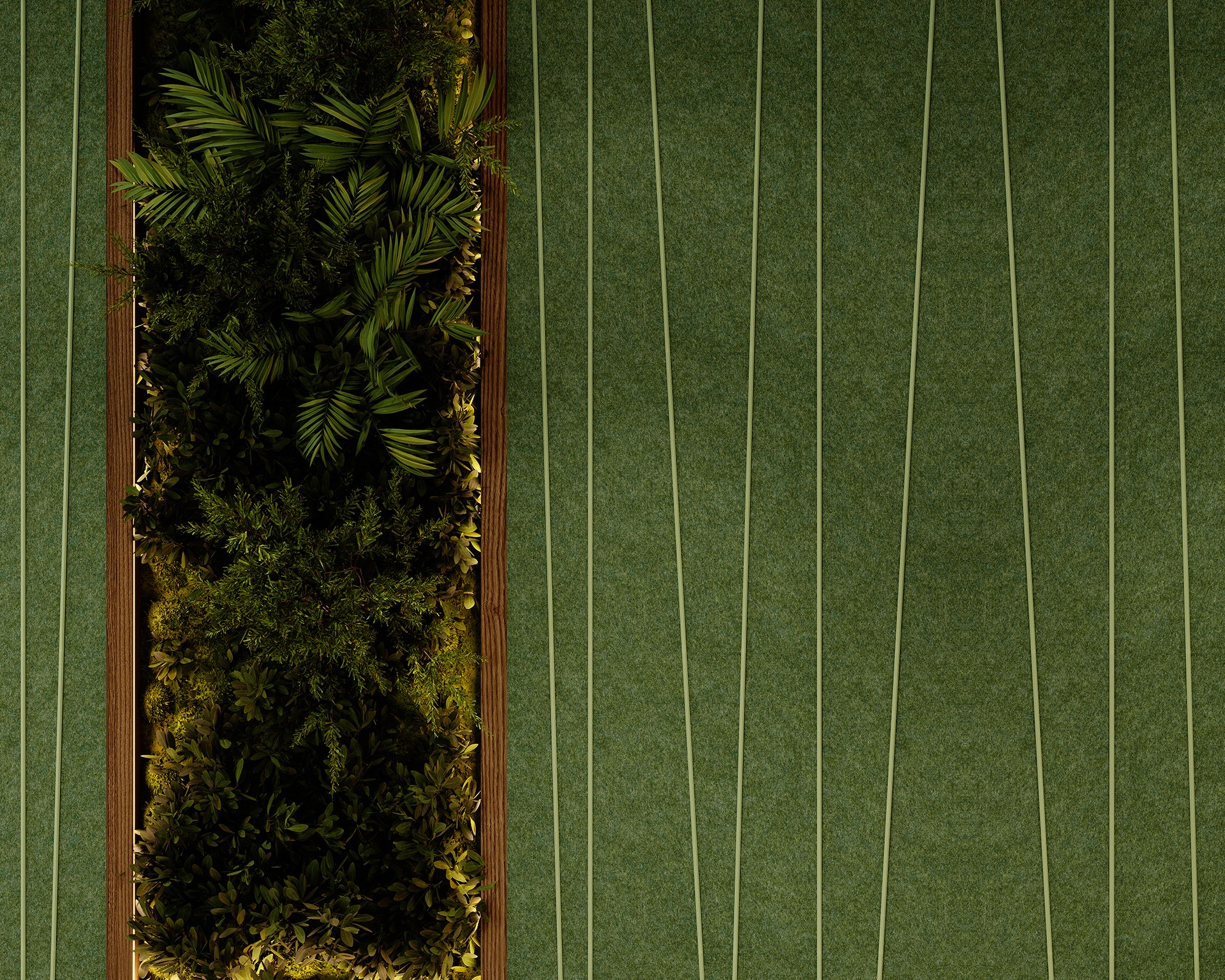 Top view of a narrow rectangular planter filled with various green plants. It is placed on a green acoustic felt wall with thin, parallel white lines. The contrast highlights the natural foliage against the structured pattern.