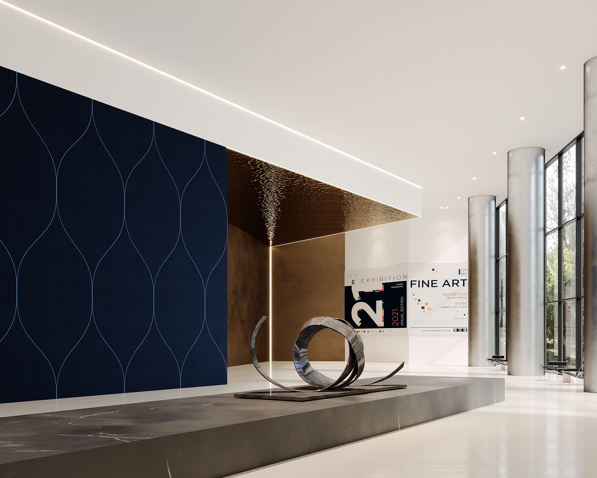 A modern art gallery with large windows features a sculptural installation in the center. A blue geometric acoustic felt wall, a gold textured wall, and a poster for a fine art exhibition decorate the space. Sleek, polished floors reflect the light.