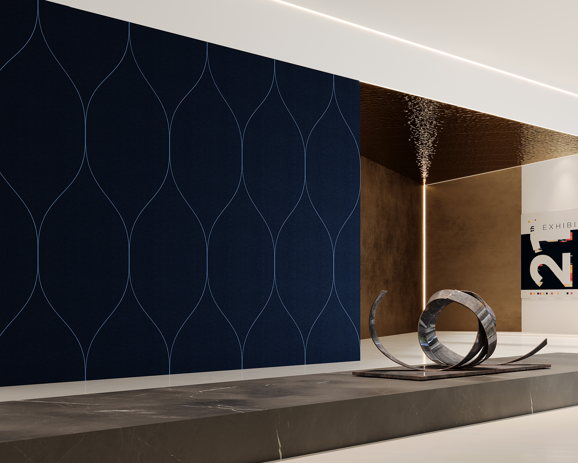 Modern art gallery space featuring a large, dark blue acoustic felt wall with light curved line patterns. A metallic abstract sculpture composed of intertwined loops sits in the foreground against a sleek interior with white and brown tones.