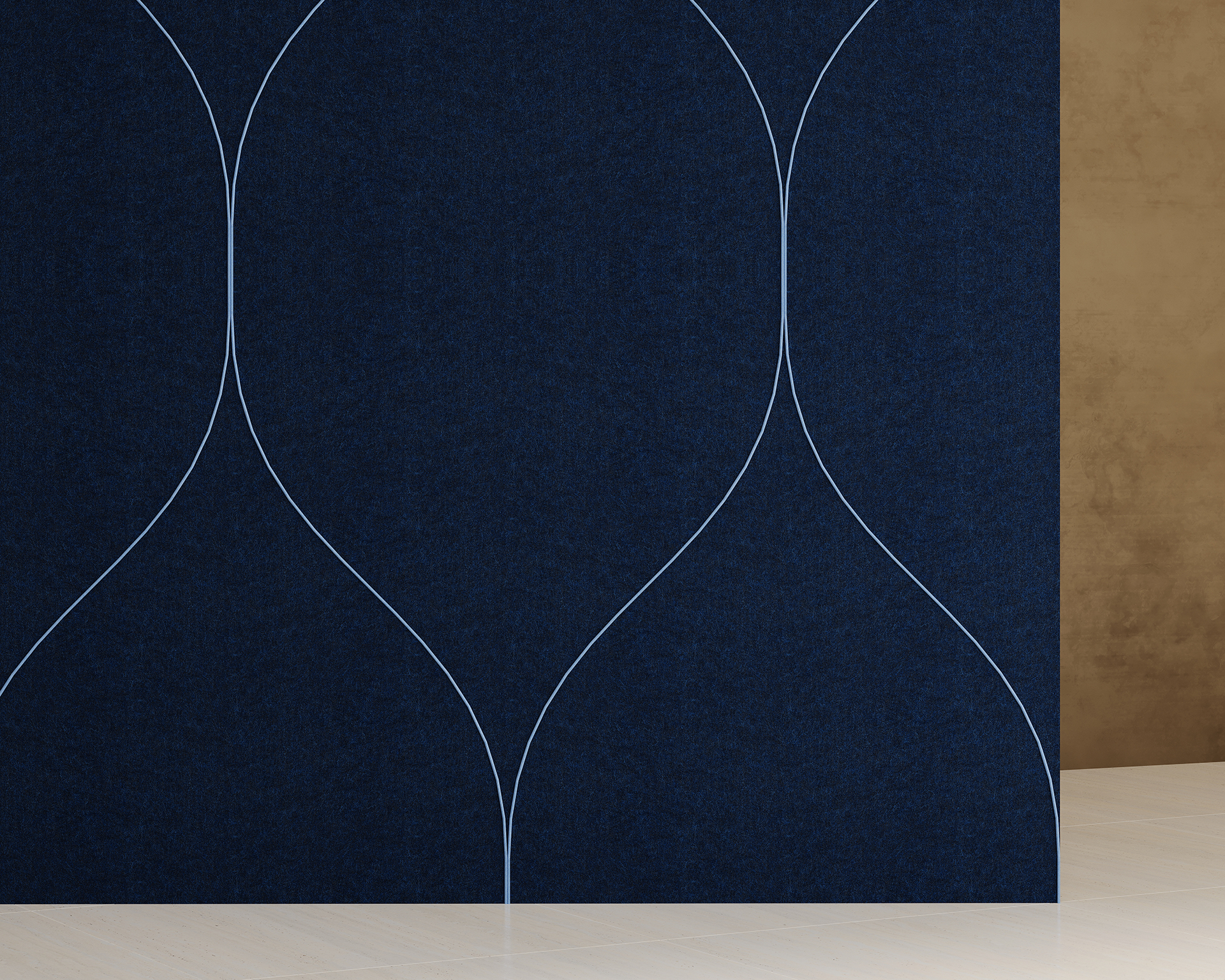 An acoustic felt wall with a dark blue panel featuring a minimalist white curved line pattern, against a light wooden floor and a plain gold wall. The design creates an elegant, modern aesthetic.
