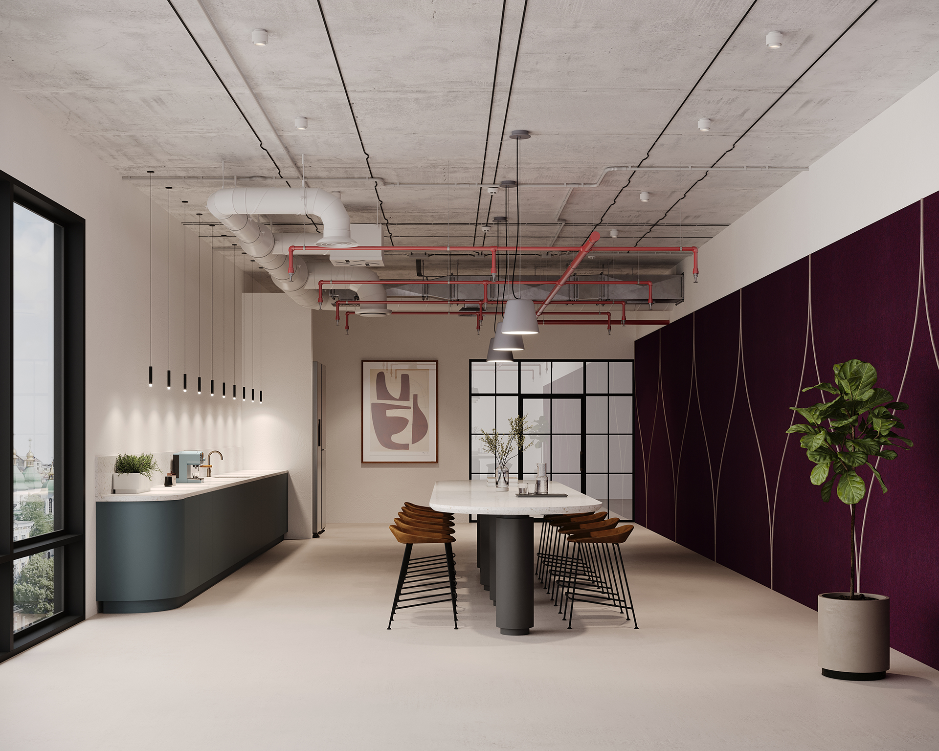 A modern office space with a long table surrounded by chairs. The room features an open ceiling with exposed ducts, a kitchen area, large windows, a potted plant, and abstract art on the wall. The color scheme includes a burgundy acoustic felt accent wall and gray tones.