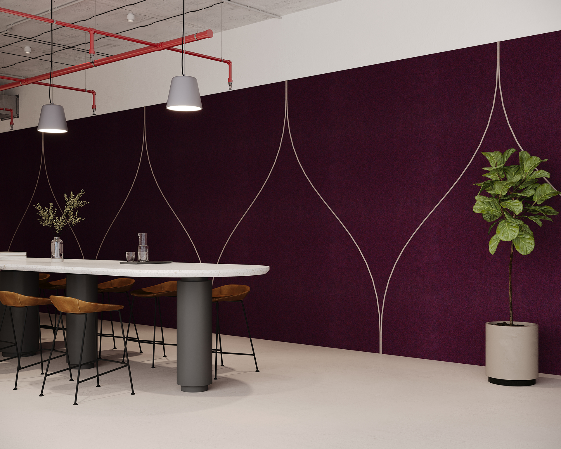 Modern office space with a long white table surrounded by wooden chairs. Overhead, two pendant lights hang from a ceiling with exposed pipes. A large purple acoustic felt accent wall features curved patterns, and a potted plant sits on the right.