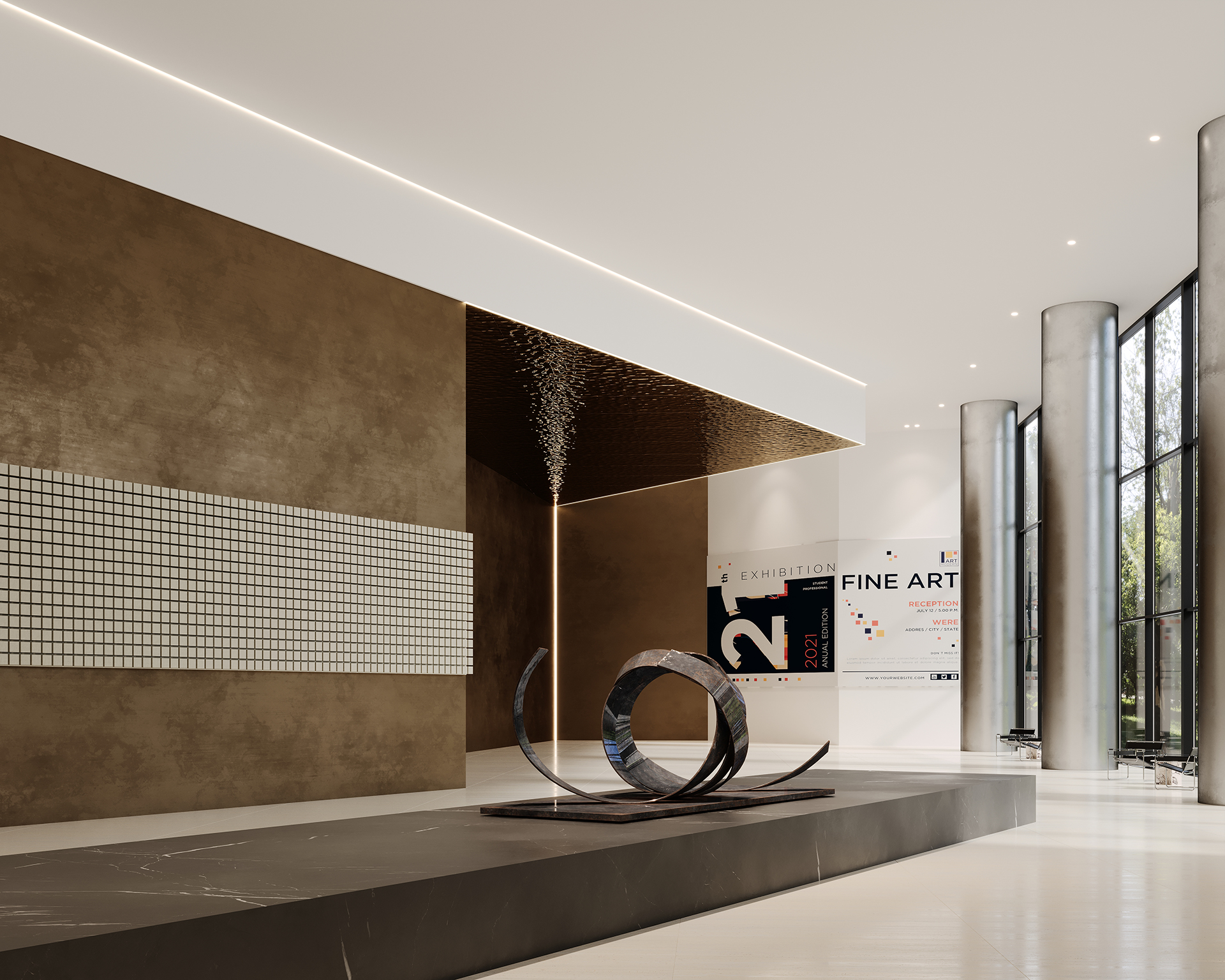 Modern art gallery interior with a large abstract metal sculpture on a dark rectangular platform. The space features high ceilings, a grid-patterned acoustic felt wall, and a poster advertising a fine art exhibition. Tall windows allow natural light to flood in.