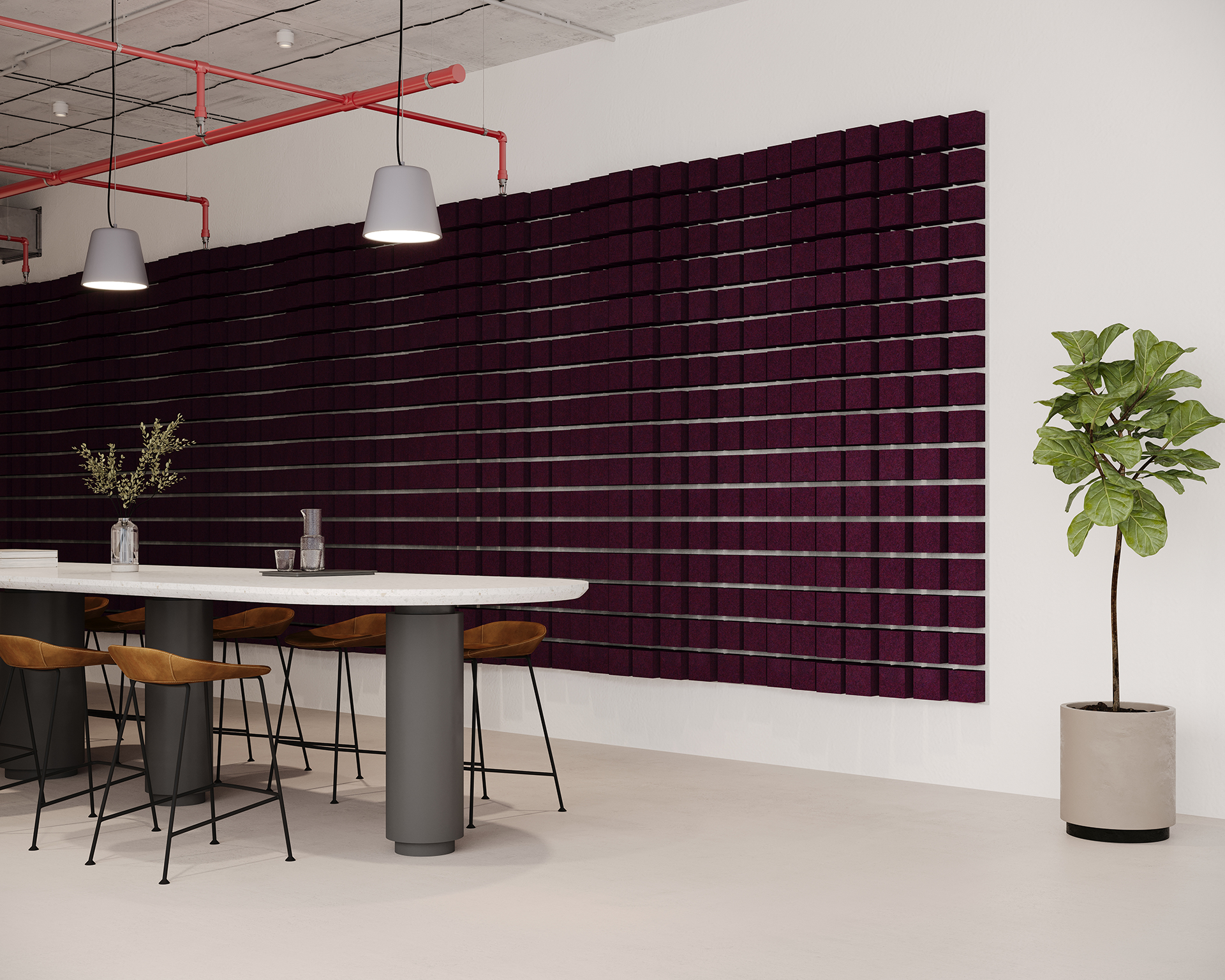 Modern conference room with a long white table, several brown chairs, and pendant lights hanging above. A large, dark purple soundproof acoustic felt panel is mounted on the wall. A potted plant sits on the right near the wall.
