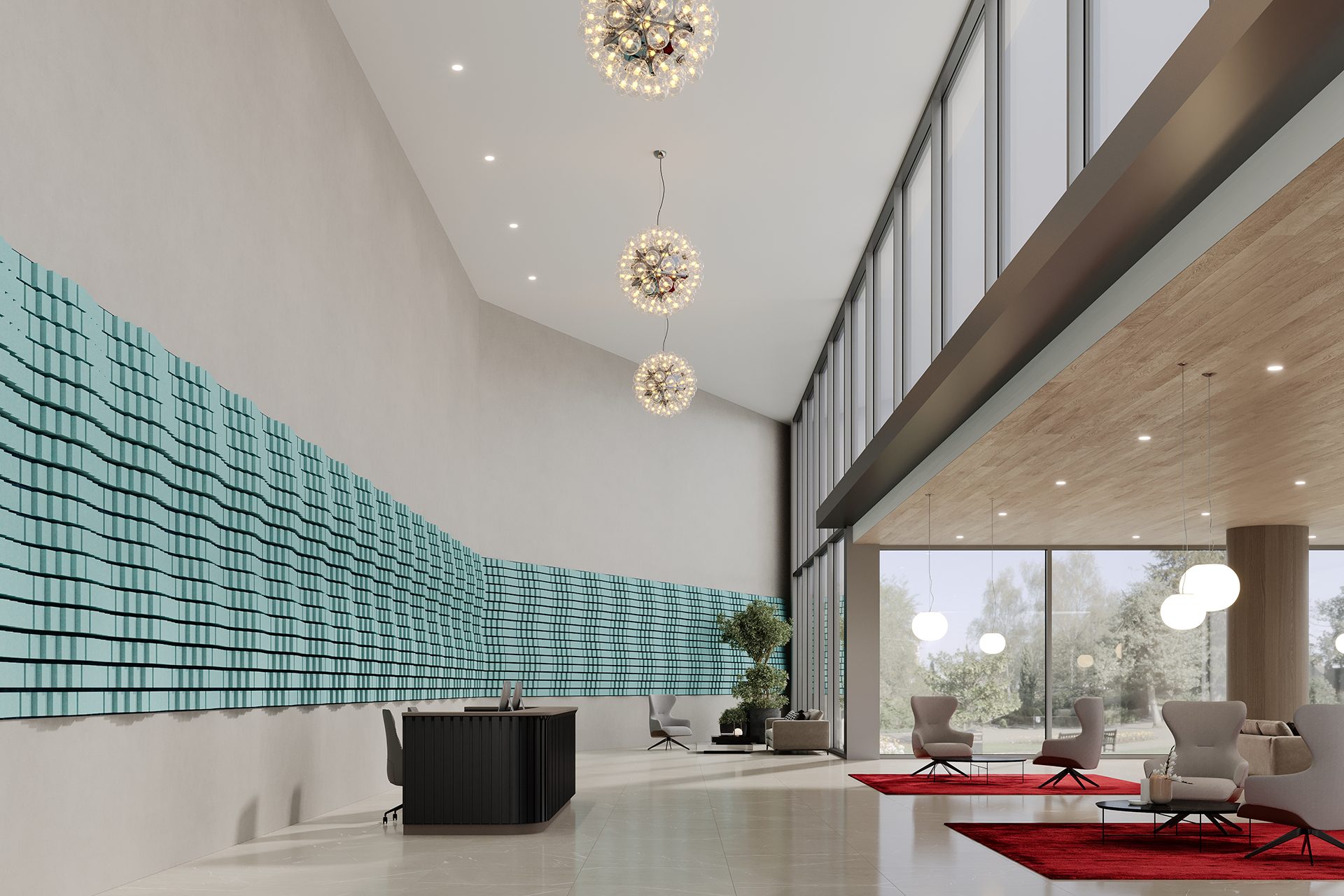 Modern lobby with high ceilings, pendant lights, and a large, abstract turquoise acoustic felt accent wall. A sleek reception desk sits in front. Red rugs and gray chairs furnish a seating area near floor-to-ceiling windows overlooking a garden.