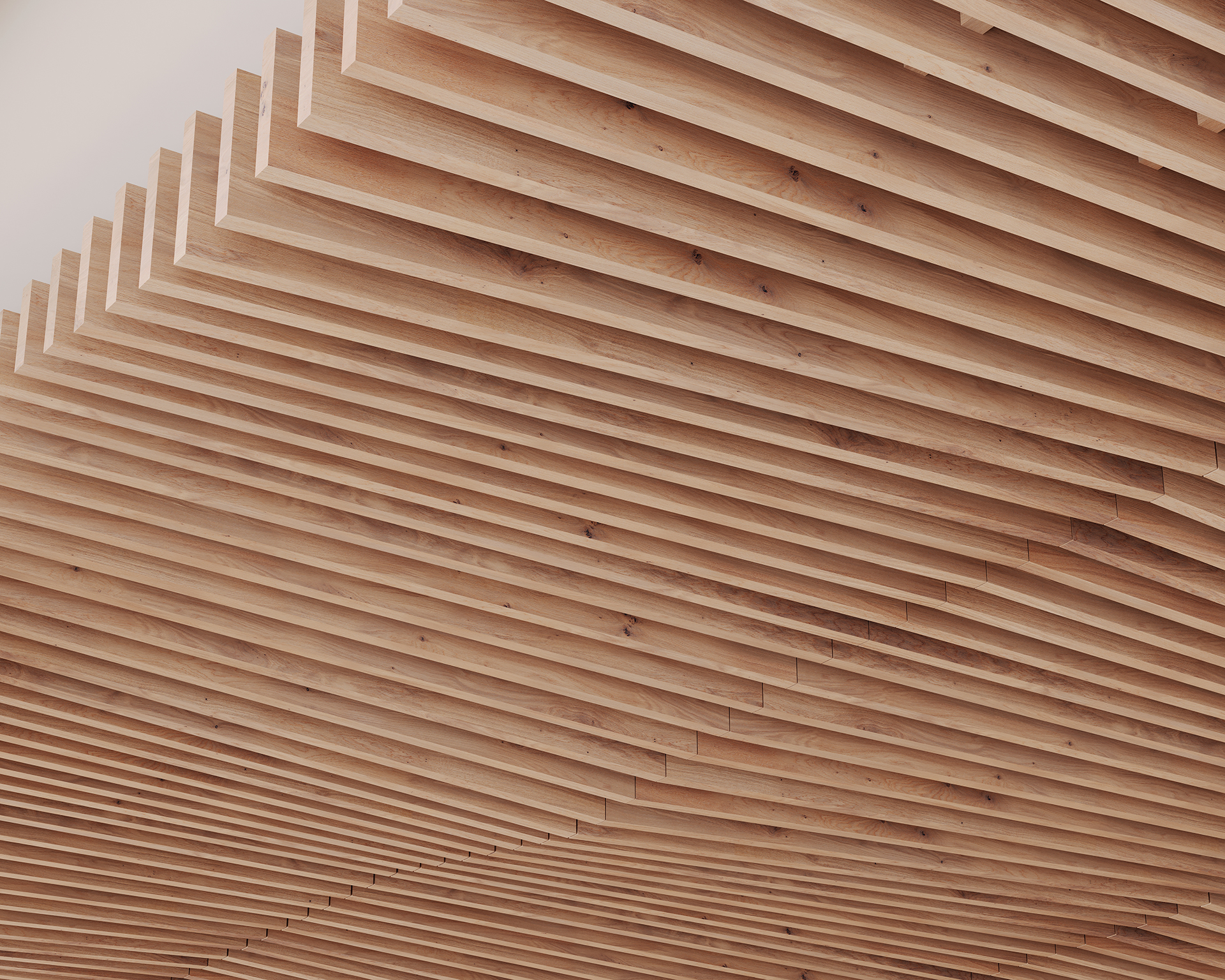 Close-up of a modern ceiling design featuring parallel woodgrain acoustic felt slats arranged at varying heights, creating a stepped pattern. The natural wood texture and tone contribute to a warm, sophisticated aesthetic.